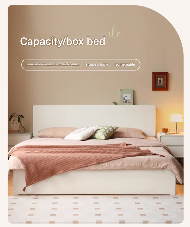 Solid Poplar Wood Box Storage Bed in Cream - Underbed Storage Solution for Small Spaces, Bedroom Organization & Minimalist Decor