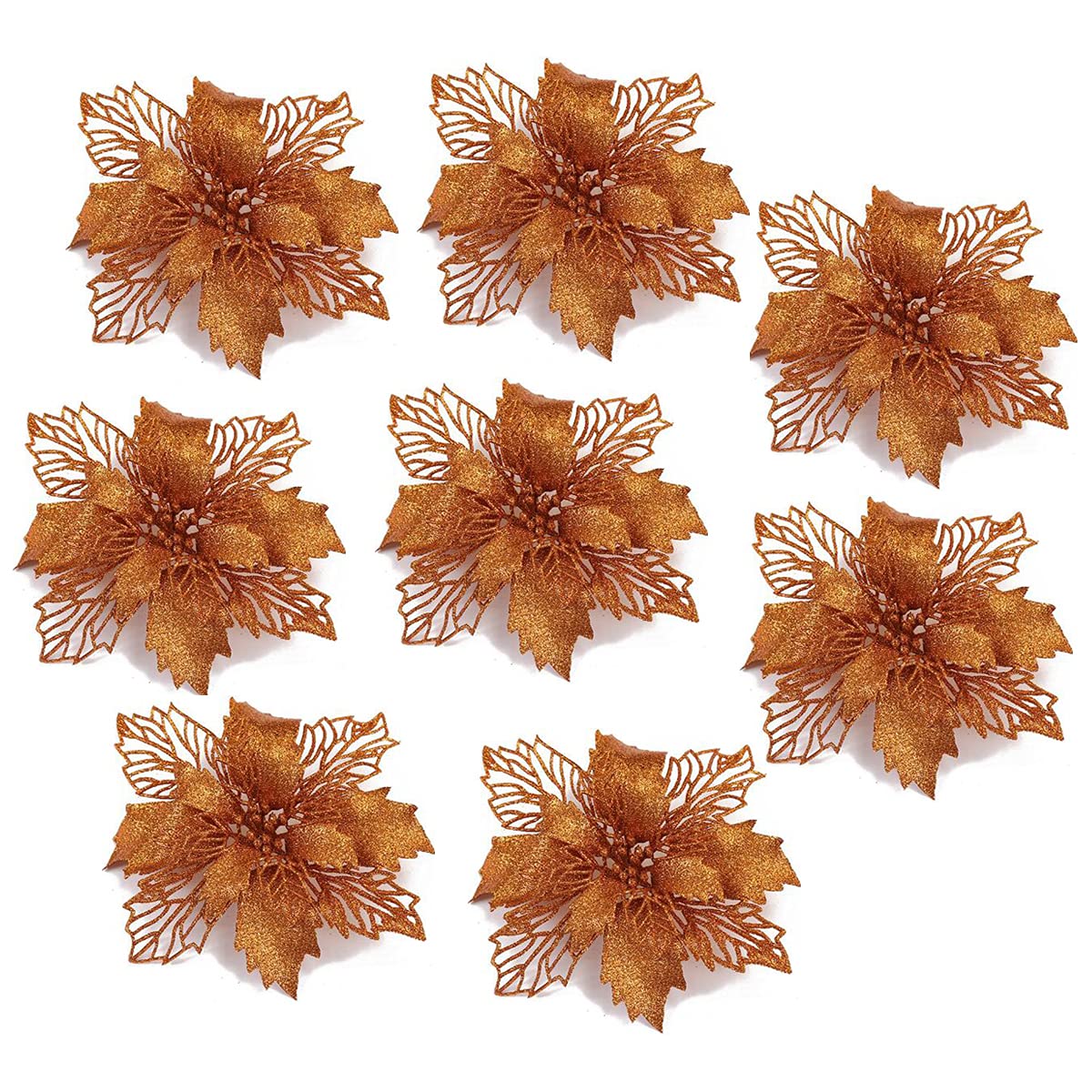 10 Pcs Rose Gold Glitter Poinsettia Flowers - Artificial Christmas Tree Ornaments for Holiday Wedding Decorations | Perfect for Xmas Tree, Wreaths, Table Centerpieces & Festive Home Decor