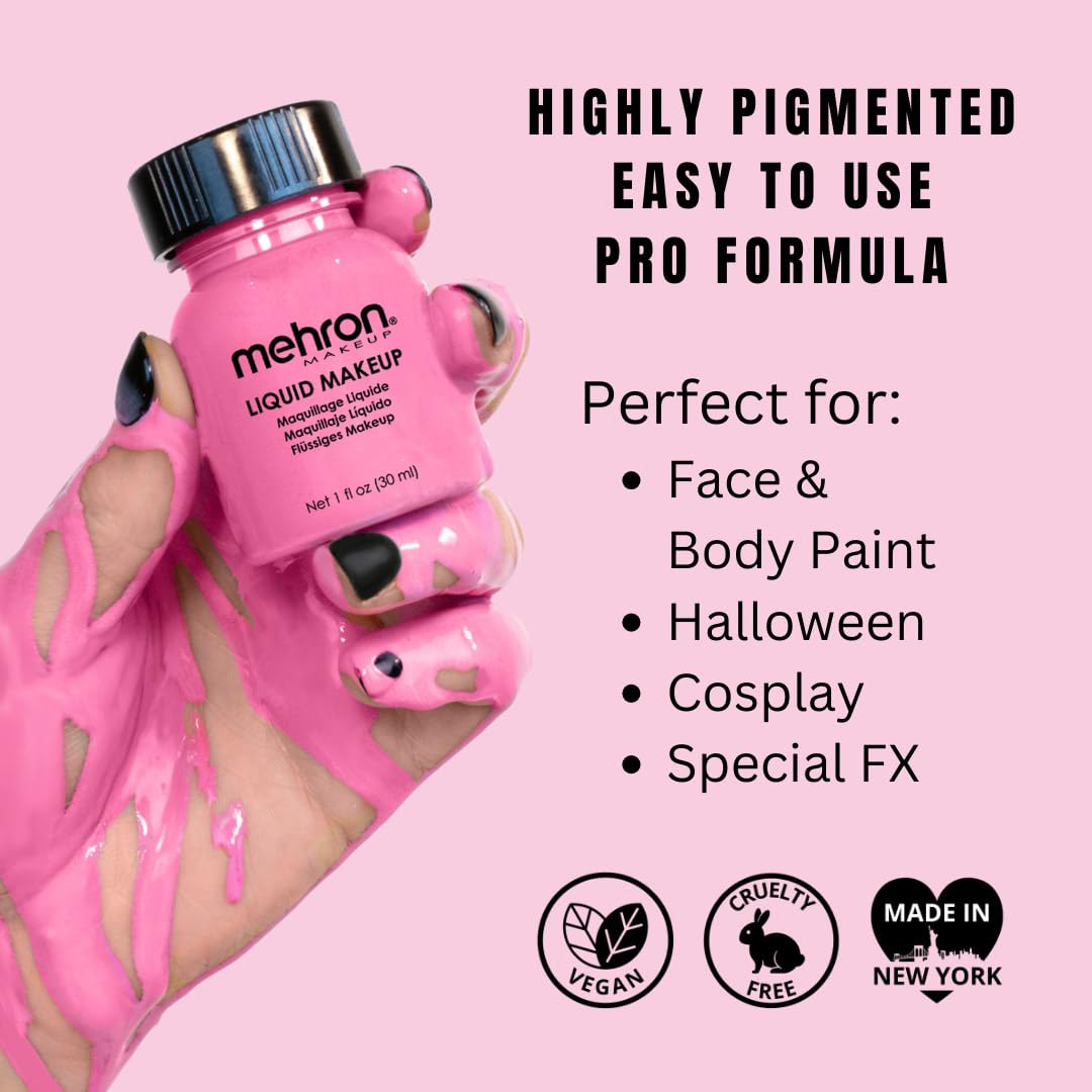 Mehron Liquid Makeup - Professional Face & Body Paint for Halloween, Cosplay & Airbrush | Waterproof, Long-Lasting Formula | Perfect for Costume Parties, Theater & Special Effects (1 oz, Pink)