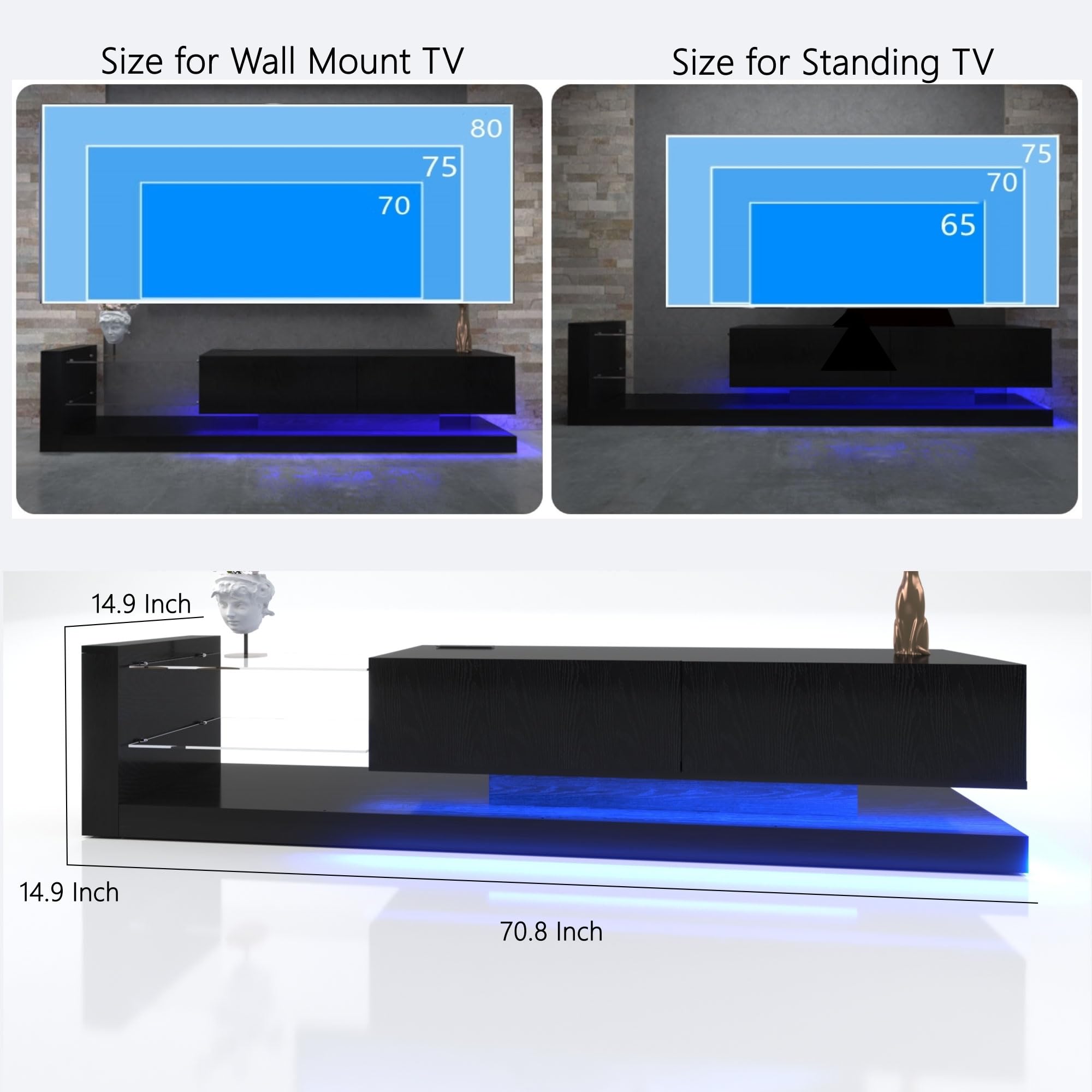 BAMACARED 70 Inch TV Stand for 70-90 Inch TVs, Modern LED TV Stand with Storage & Lights - Entertainment Center for Living Room, Bedroom & Home Theater
