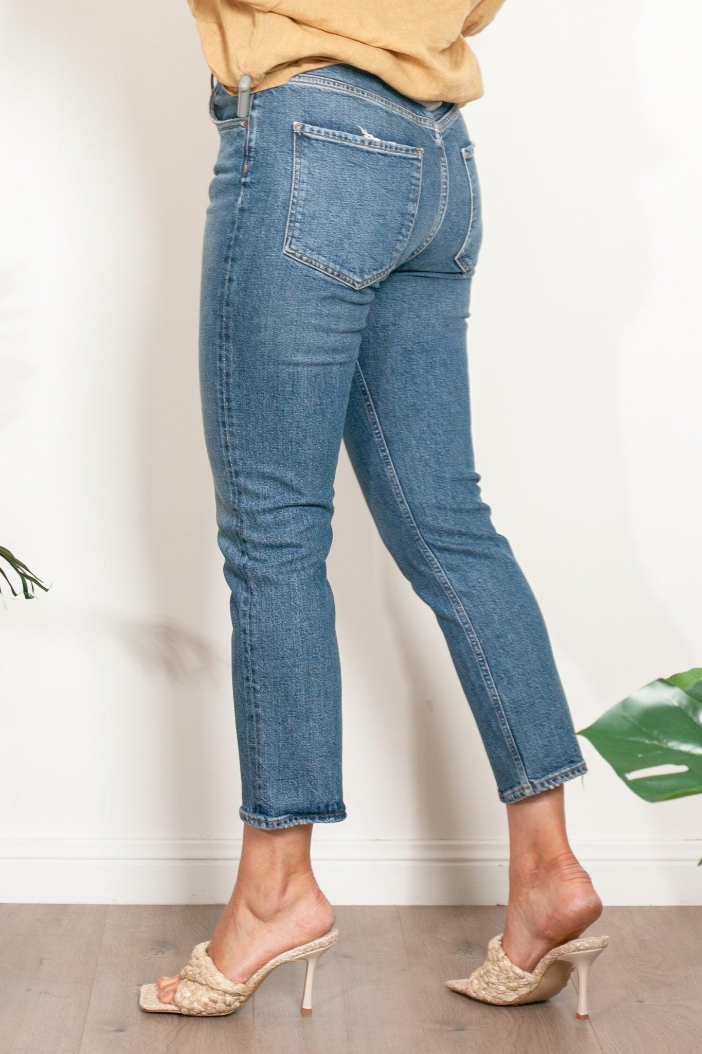 AGOLDE Riley High Rise Distressed Jeans for Women - Vintage Blue Denim Skinny Jeans with Raw Hem | Perfect for Casual Outfits, Street Style & Everyday Wear