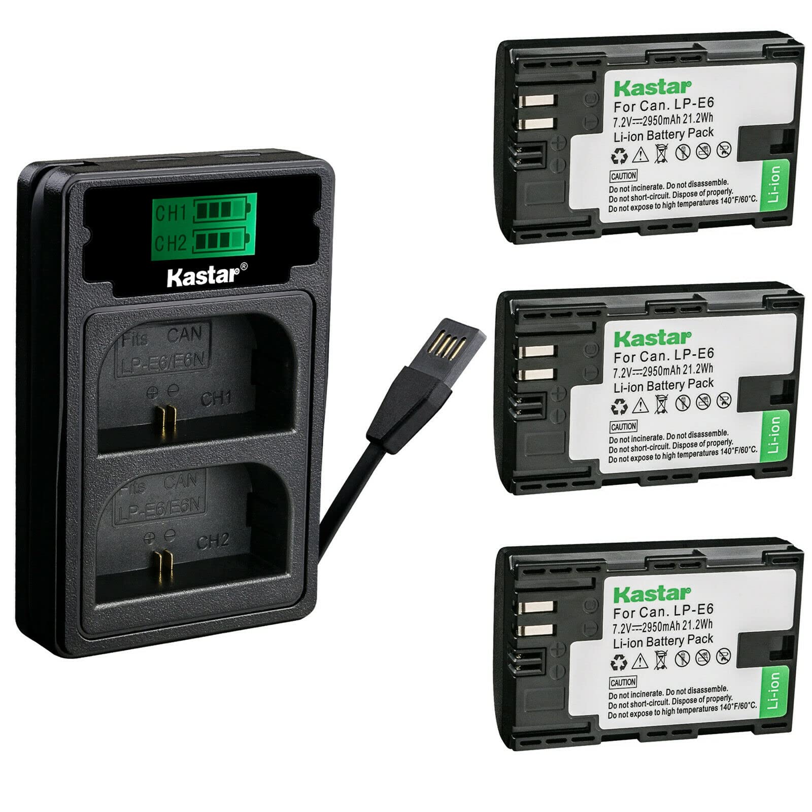 Kastar 3-Pack LP-E6/LP-E6N Battery & Dual USB/Type-C Charger Kit - Compatible with Canon DSLR, Blackmagic Pocket 4K, Marshall & IKAN HDMI Monitors - Perfect for Photography, Videography & On-Camera Monitoring