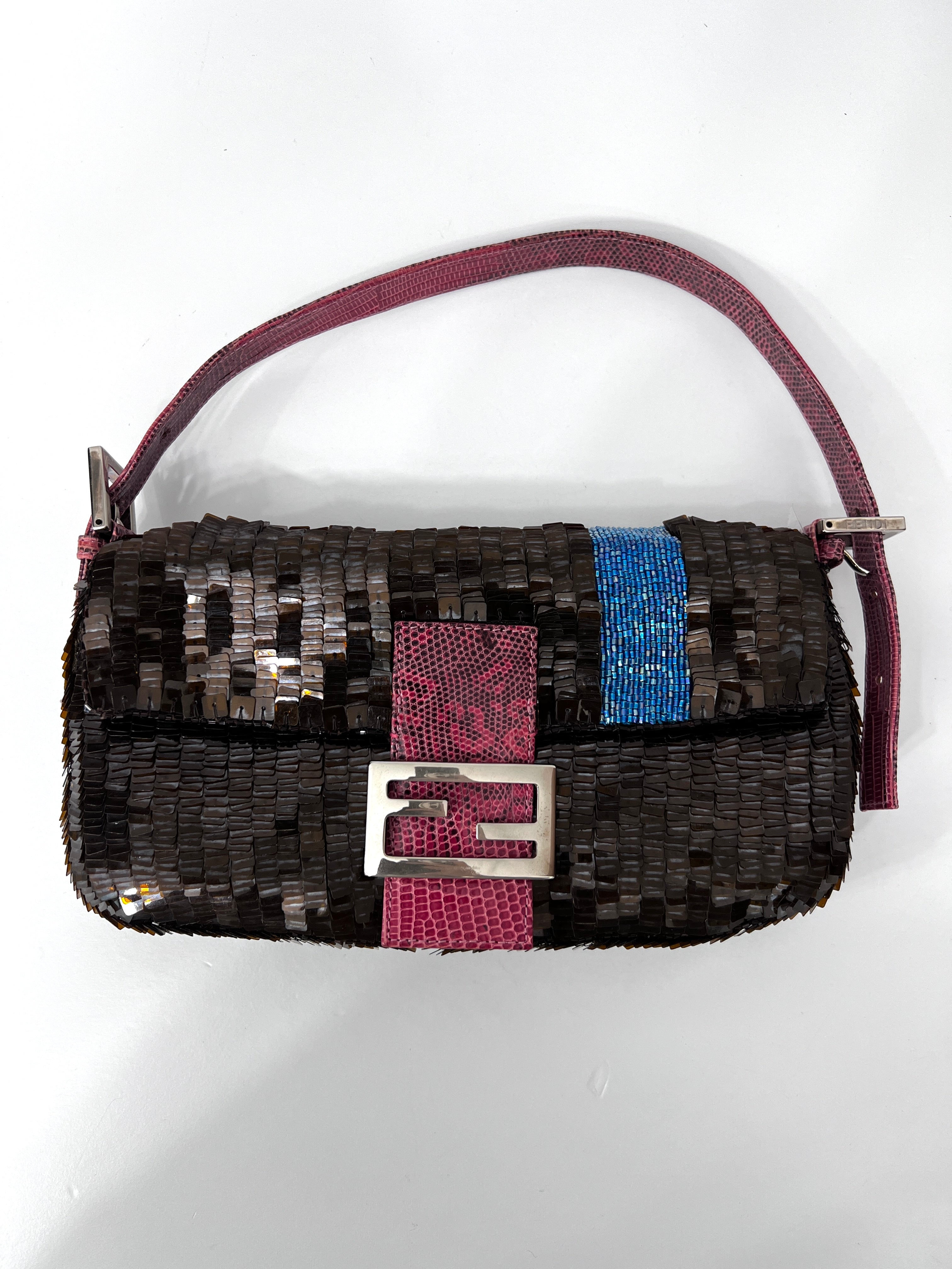 Fendi Brown Sequin Blue Stripe Baguette Bag - Luxury Designer Handbag for Women, Evening Parties & Special Occasions