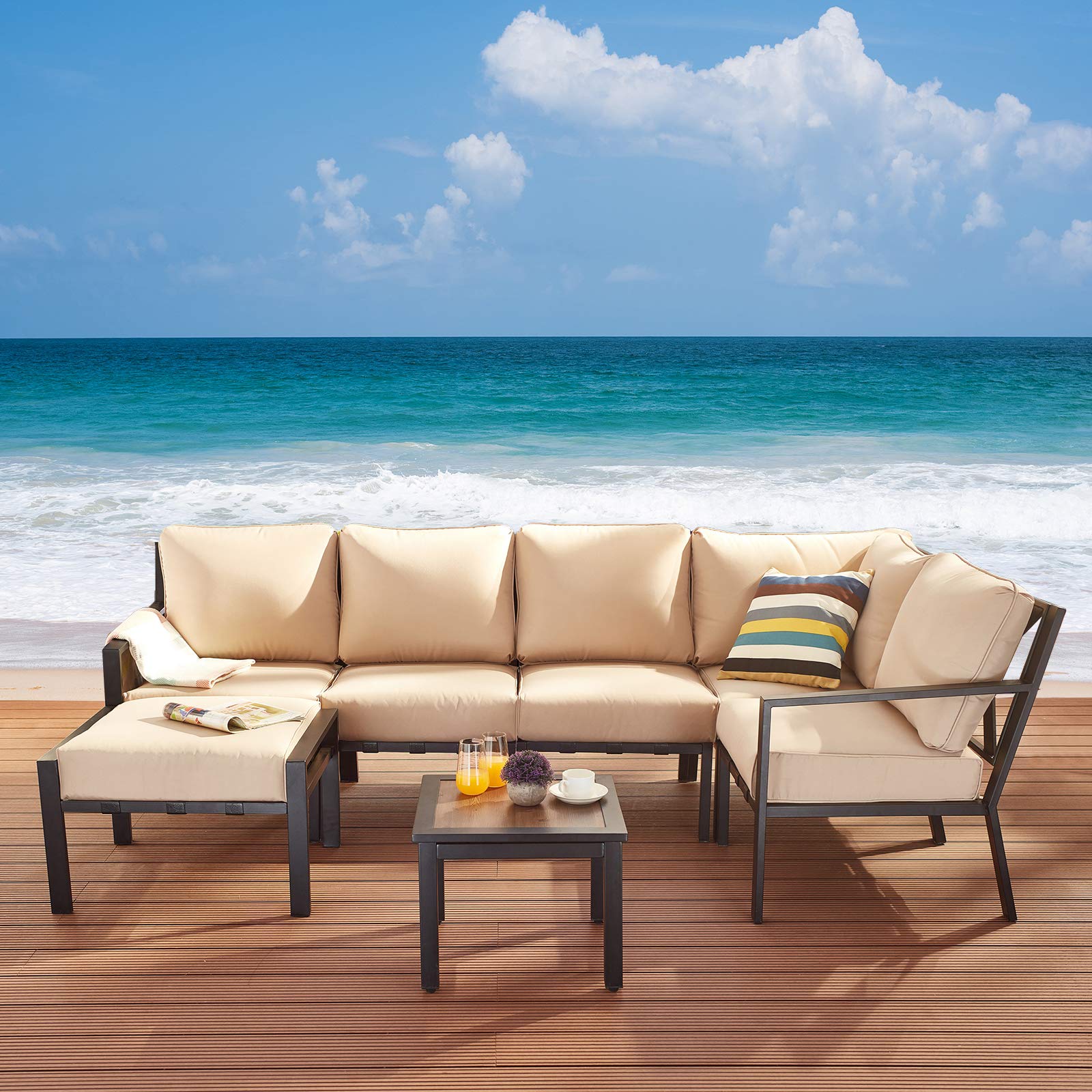 7-Piece Outdoor Patio Conversation Set - All-Weather Black Loveseat Sectional Sofa with Coffee Table & Removable Beige Cushions - Perfect for Backyard, Garden, Poolside & Deck Relaxation