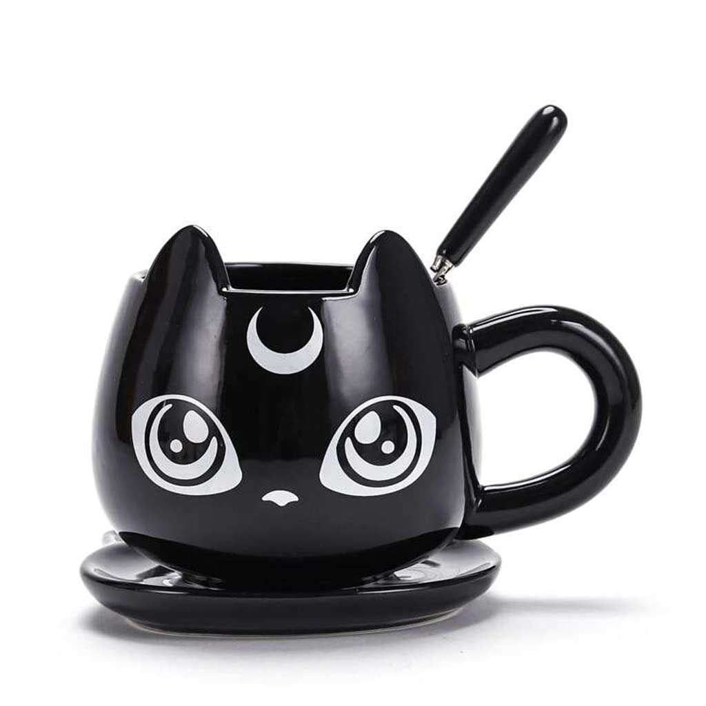 Cute Black Cat Ceramic Coffee Mug with Spoon - 17oz Large Capacity Cartoon Cup for Lovers, Office & Home Use - Perfect for Coffee, Tea, Hot Chocolate (Black)