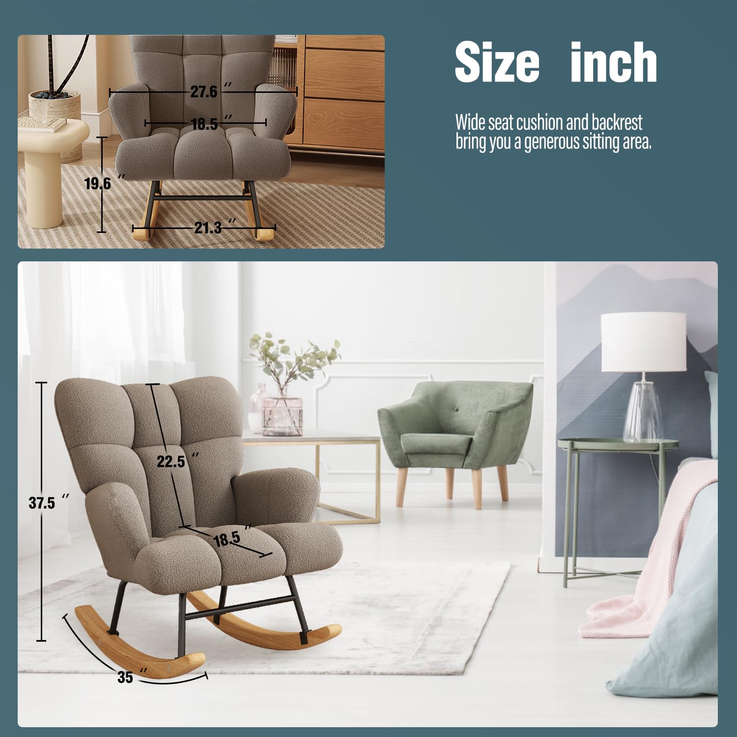 **Comfy Glider Rocking Chair for Nursery - High Backrest Teddy Soft Upholstered Armchair for Reading, Relaxing in Bedroom, Living Room & Home Office (Khaki) - Perfect for Nursing, Lounging & Baby Nursery Decor**
