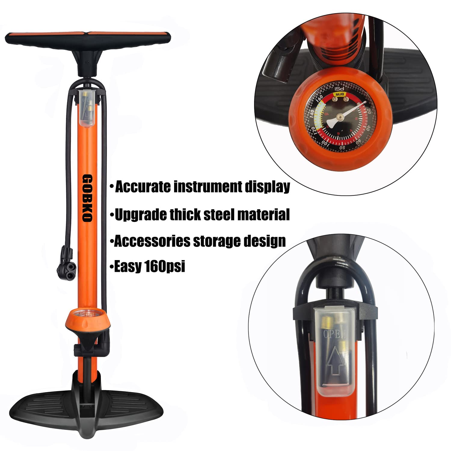 GOBKO High Pressure Bike Pump with Gauge - 160PSI/11BAR Portable Bicycle Floor Pump for Presta & Schrader Valves - Tire Inflator for Road Bikes, MTB, Cars & Sports Balls - Perfect for Cycling, Commuting & Outdoor Adventures