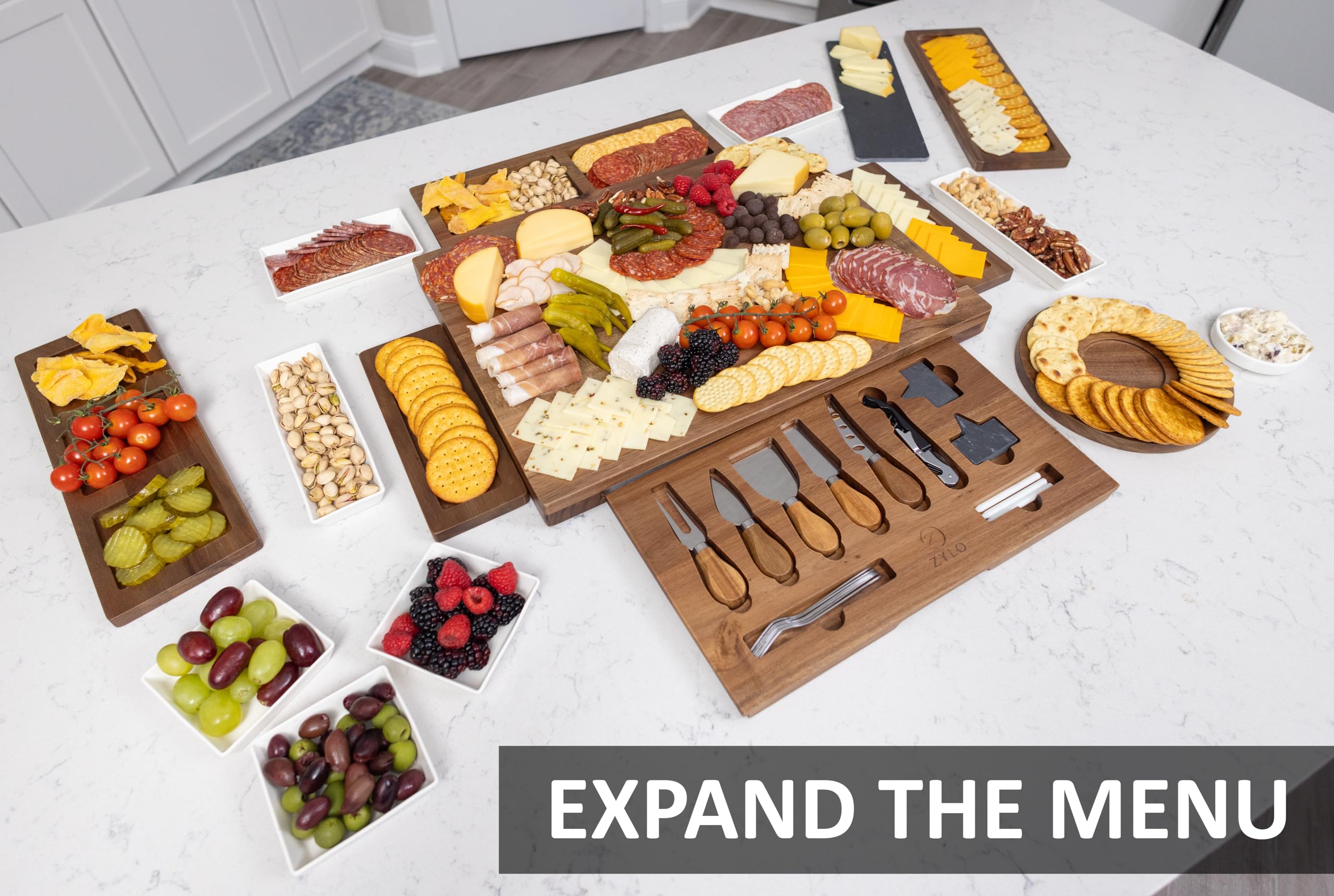 ZYLO Charcuterie Boards Gift Set - Large Acacia Wood Cheese Board & Slate Cutting Board with Ceramic Dishes & Knife Set - Removable Magnetic Serving Trays for Entertaining, Dinner Parties & Holiday Gifts