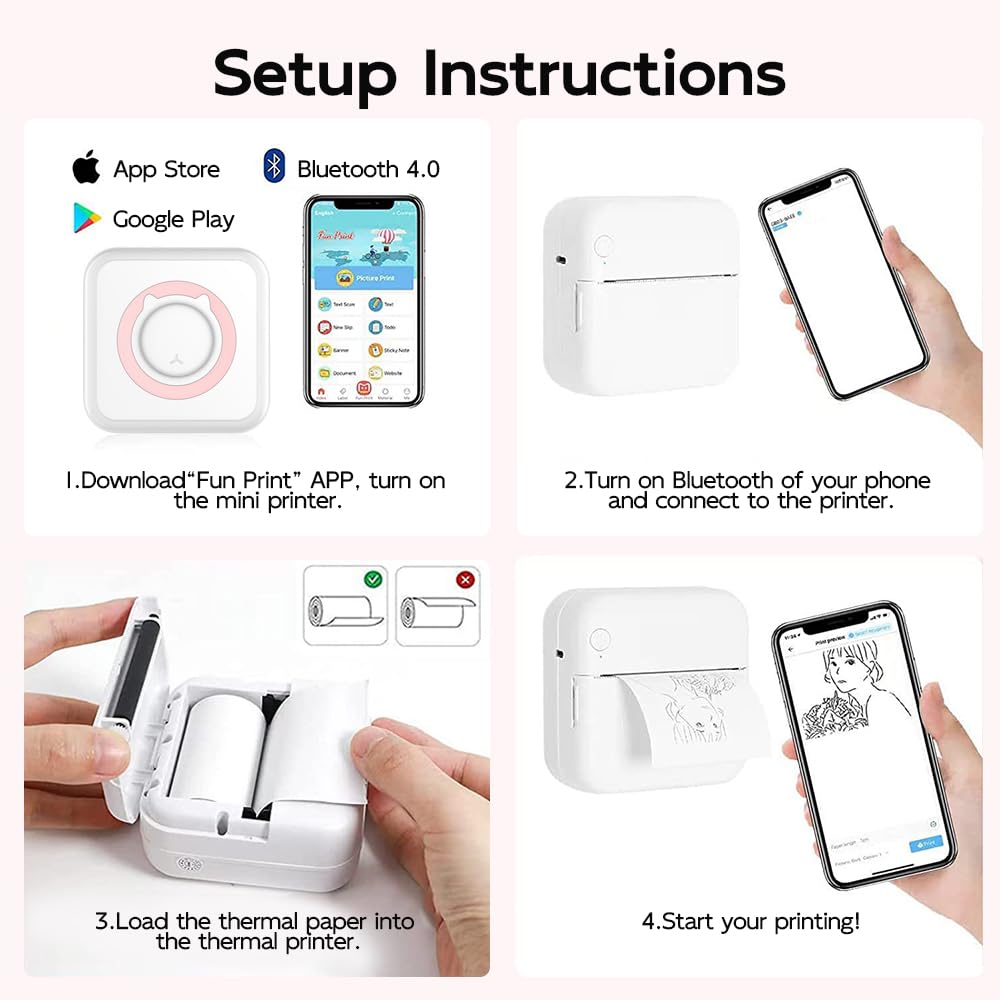 Mini Bluetooth Thermal Sticker Printer - Portable Smart Photo Printer for iPhone, Compatible with Android, Includes 10 Rolls Thermal Paper - Perfect for Journaling, Memos, DIY Crafts & Instant Photo Printing