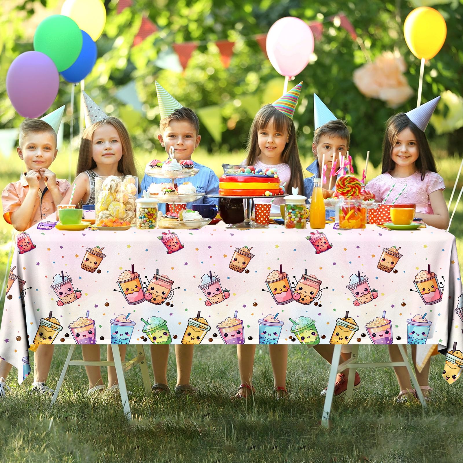 3pcs Waterproof Bubble Tea Tablecloths - Boba Tea Party Decorations, Birthday Table Covers for Kawaii Themed Events & Asian Dessert Celebrations