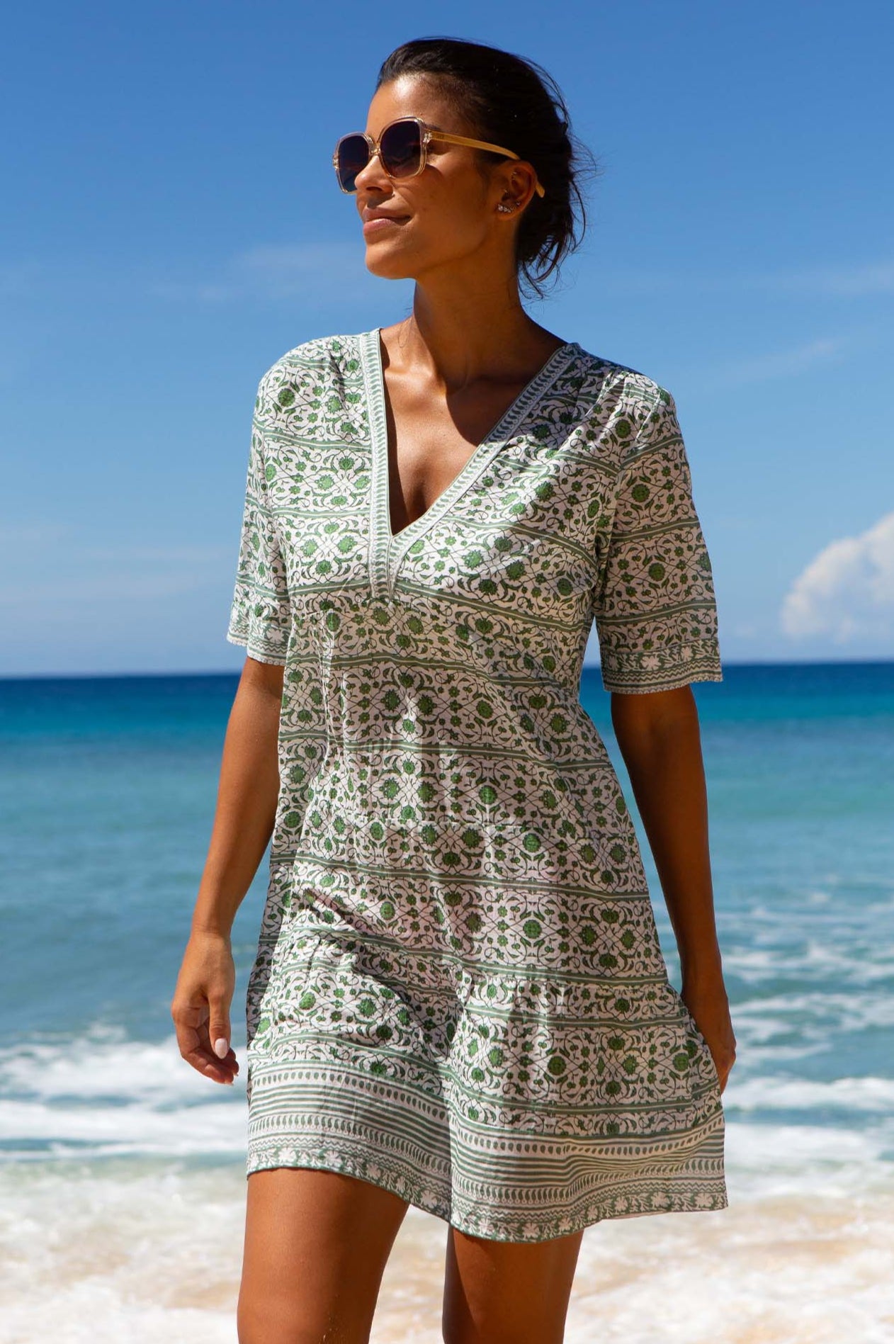 Santorini Kaftan Dress for Women - Flowy White & Khaki Beach Cover Up - Perfect for Vacation, Poolside, and Summer Outings