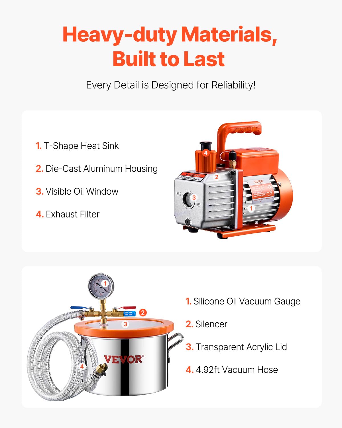 VEVOR 1.5 Gallon Vacuum Chamber & 3.5 CFM Pump Kit - Stainless Steel Degassing Chamber with Acrylic Lid, Oil & 4.92ft Hose - Perfect for Resin, Silicone & Epoxy Degassing - Ideal for Jewelry Making, Mold Casting & DIY Craft Projects