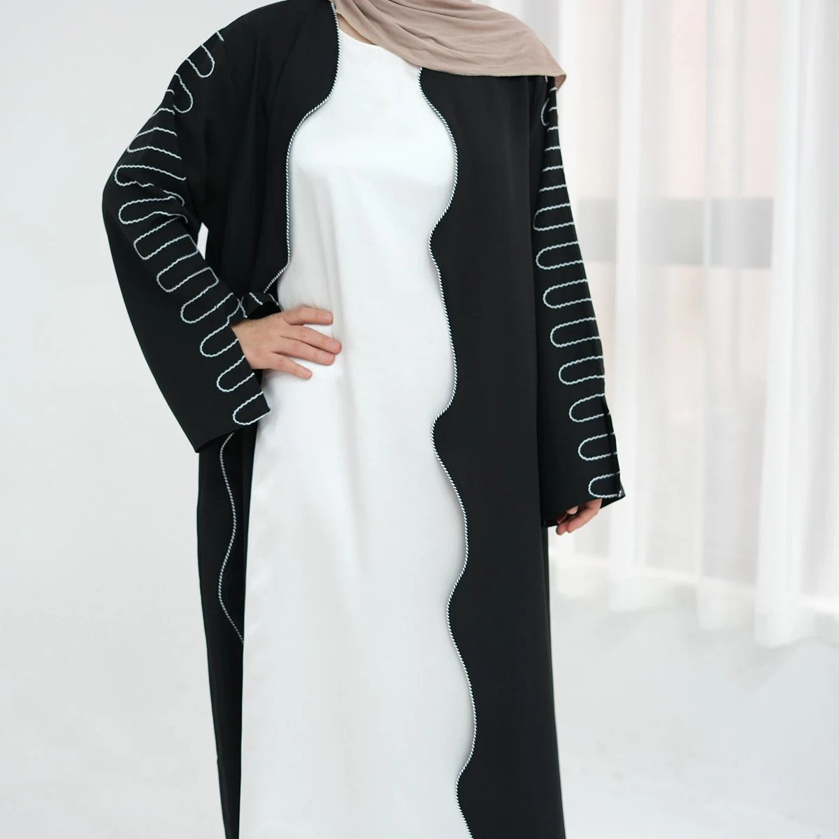 Urgarment Elegant Embroidery Sleeve Nida Cardigan Open Abaya Dress #24887 - Perfect for Muslim Women's Prayer, Mosque Wear & Modest Fashion Outfits