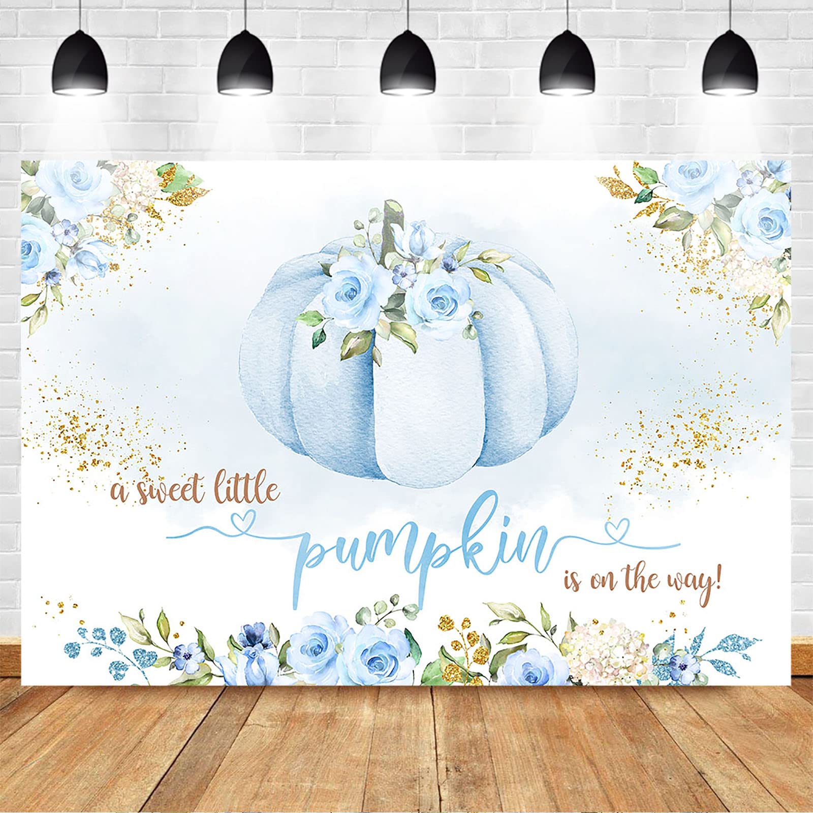 Blue Floral Pumpkin Baby Shower Backdrop - 8x6ft Autumn Themed Photography Background for Fall Baby Shower Decorations, Newborn Photo Shoot, and Seasonal Party Decor