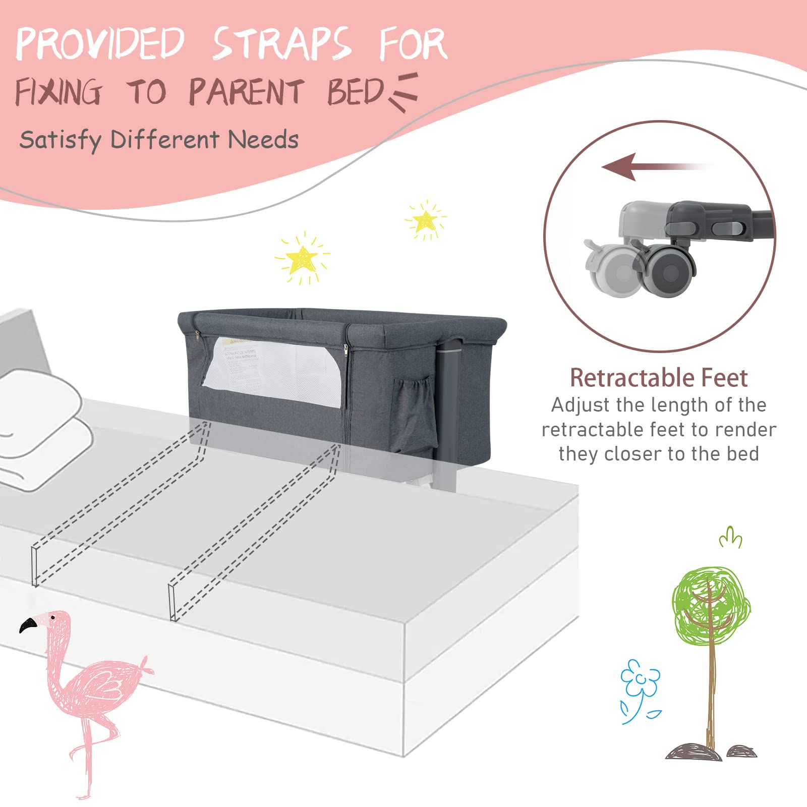 HONEY JOY 3-in-1 Portable Baby Bassinet Bedside Sleeper with Wheels - Adjustable Height Crib for Newborns & Infants, Includes Mattress & Carry Bag (Gray) | Perfect for Nursery, Bedroom Co-Sleeping & Travel