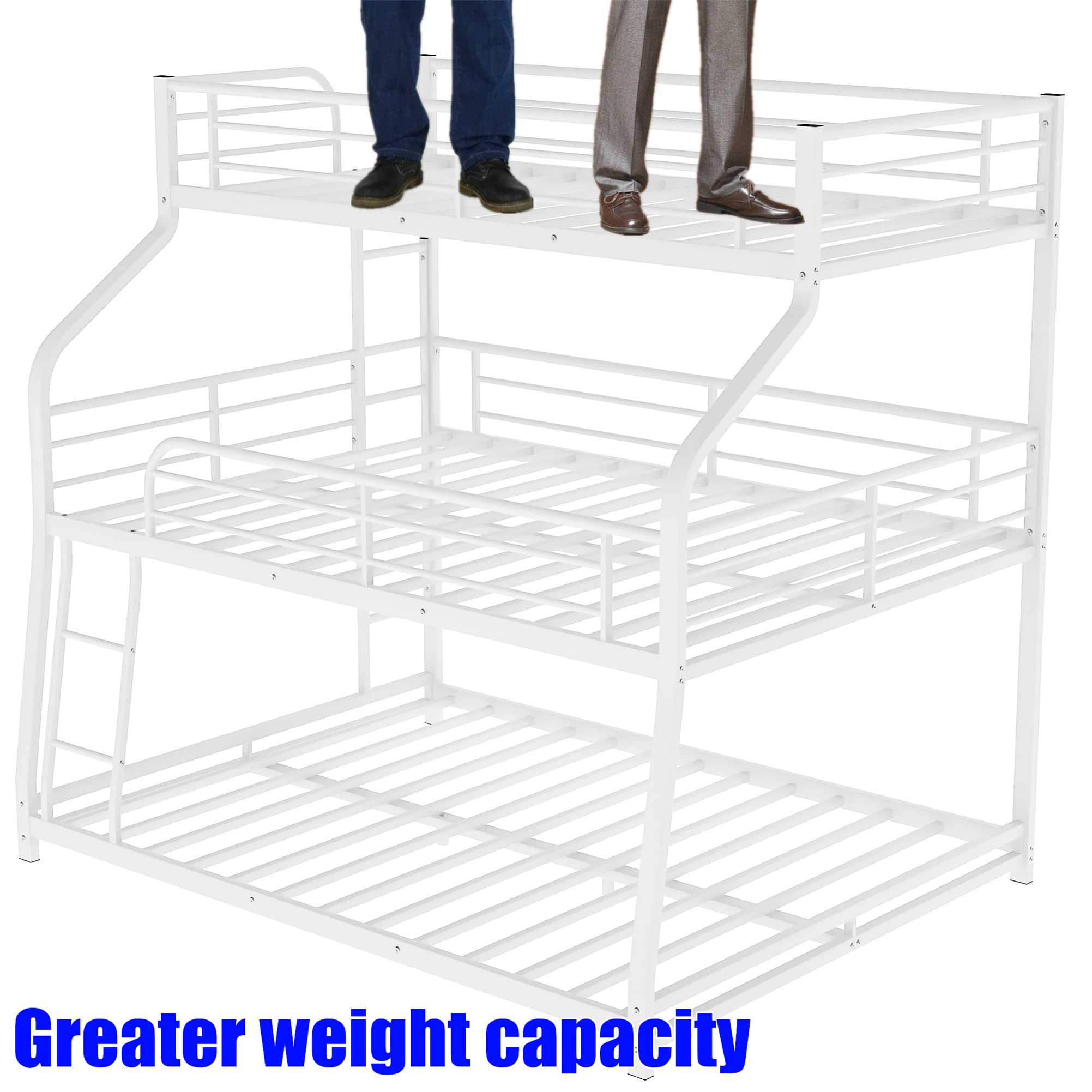 Upgraded Heavy Duty Metal Triple Bunk Bed for Kids, Teens & Adults - Sturdy Steel Twin XL Over Full XL Over Queen Size Bunk Bed (White) - Perfect for Dorms, Hostels, Vacation Homes & Space-Saving Bedrooms