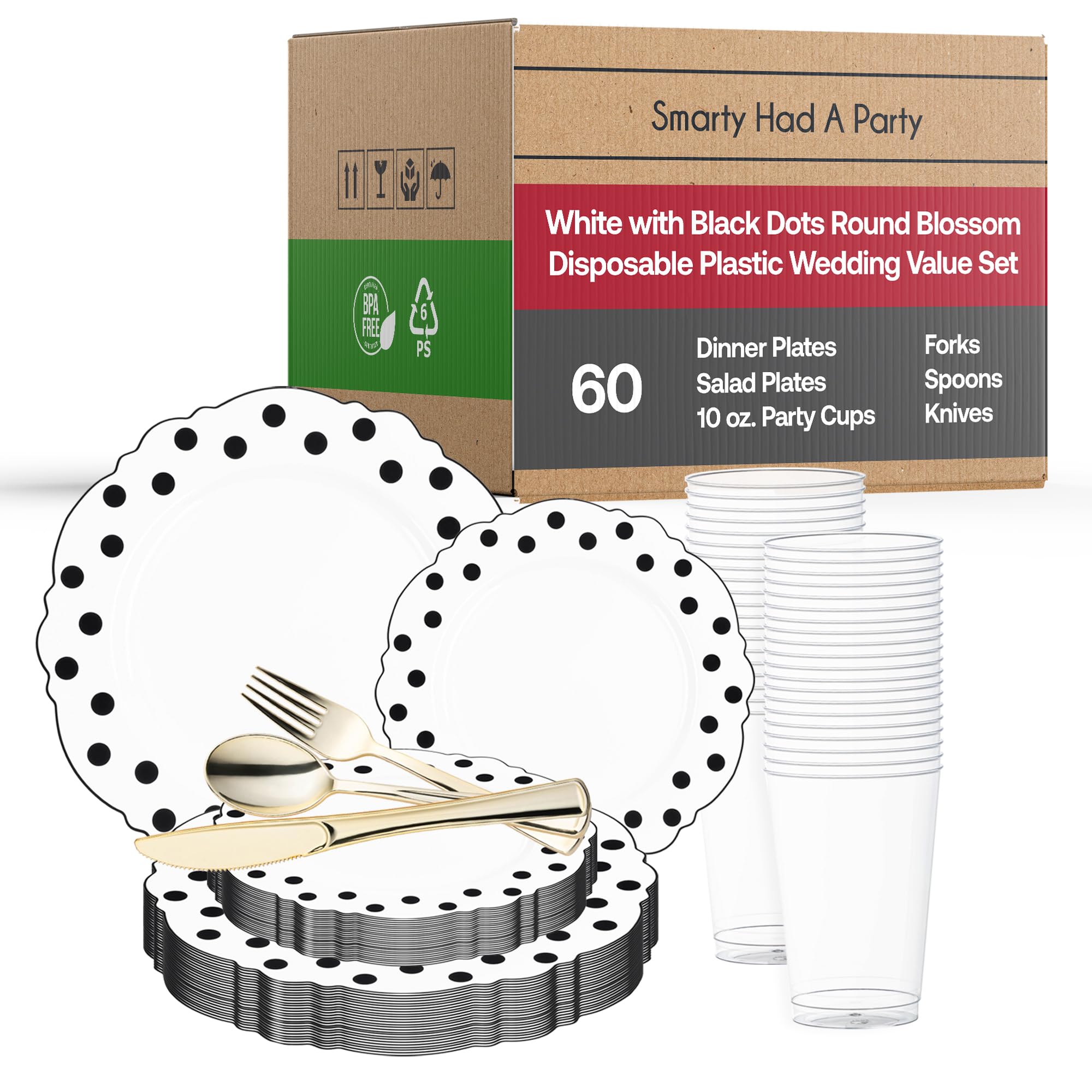 Elegant Disposable Plastic Dinnerware Set with Round Dots - 360pc Wedding Party Tableware (60 Guest Package) Includes Dinner Plates, Salad Plates, Gold Cutlery (Spoon Fork Knife) and Clear Cups - Perfect for Weddings, Banquets, Catering Events and Upscale Parties (White with Black Design)