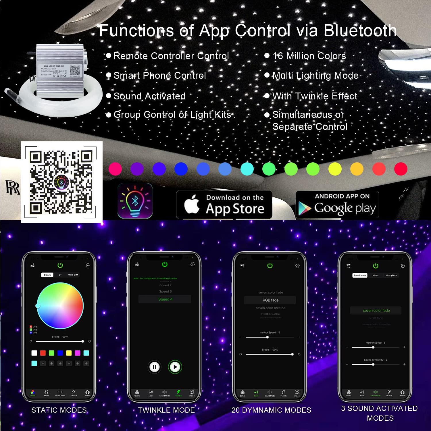 AKEPO 10W Fiber Optic Lights Kit with APP Control & Music Sync - 375pcs 9.8ft/3m Optical Fiber Cable (0.03/0.04/0.06in) + RGBW Light Engine + 28-Key Remote - Perfect for Star Ceiling, Home Theater, Bedroom Decor & Car Interior Lighting