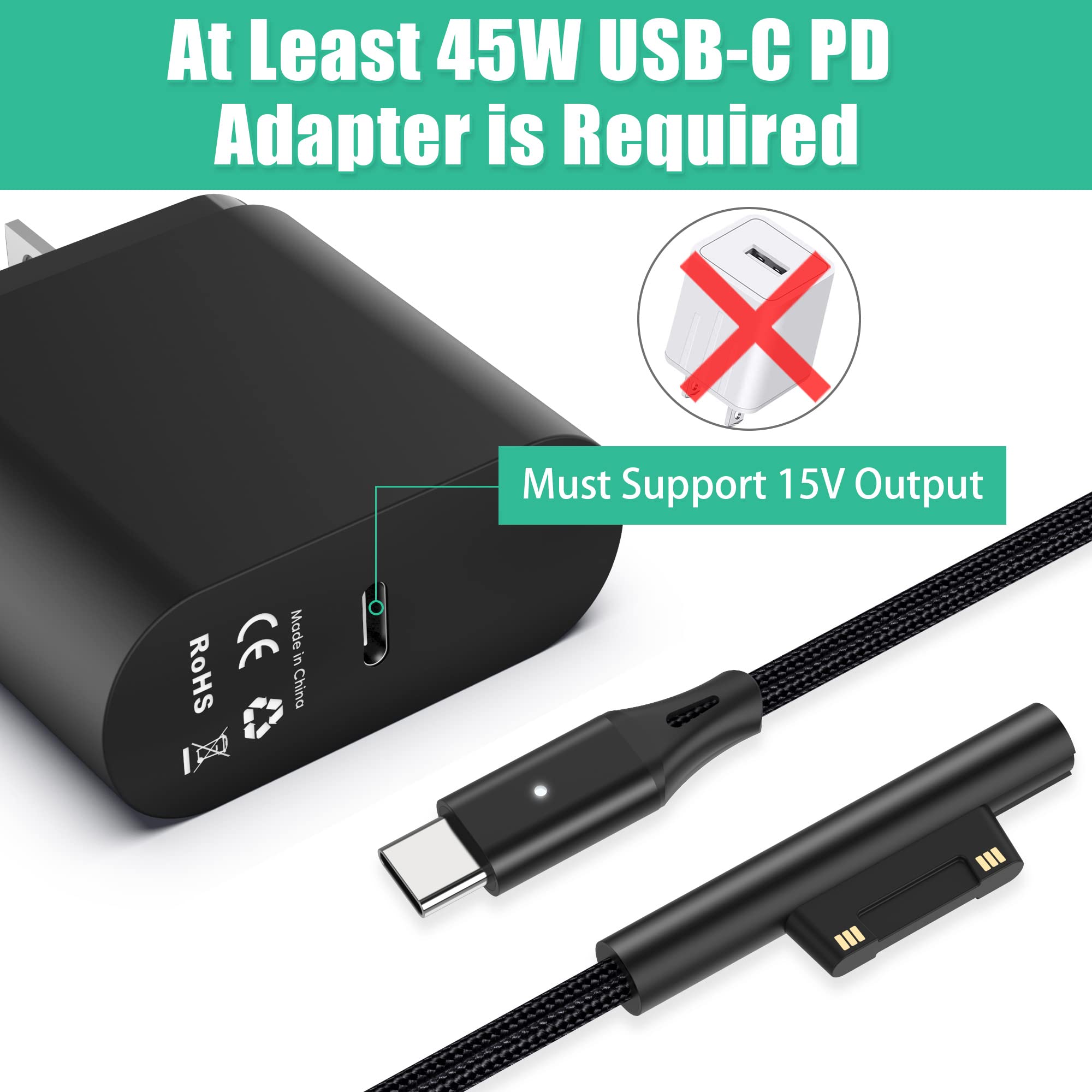 AGVEE 6ft USB-C to Surface Connect Fast Charging Cable - Compatible with Microsoft Surface Pro X/9/8/7/6/5/4/3, Surface Go 3/2/1, Surface Laptop 4/3/2/1/Studio, Surface Book 1/2 - Durable Black Charger Cord for Home, Office & Travel