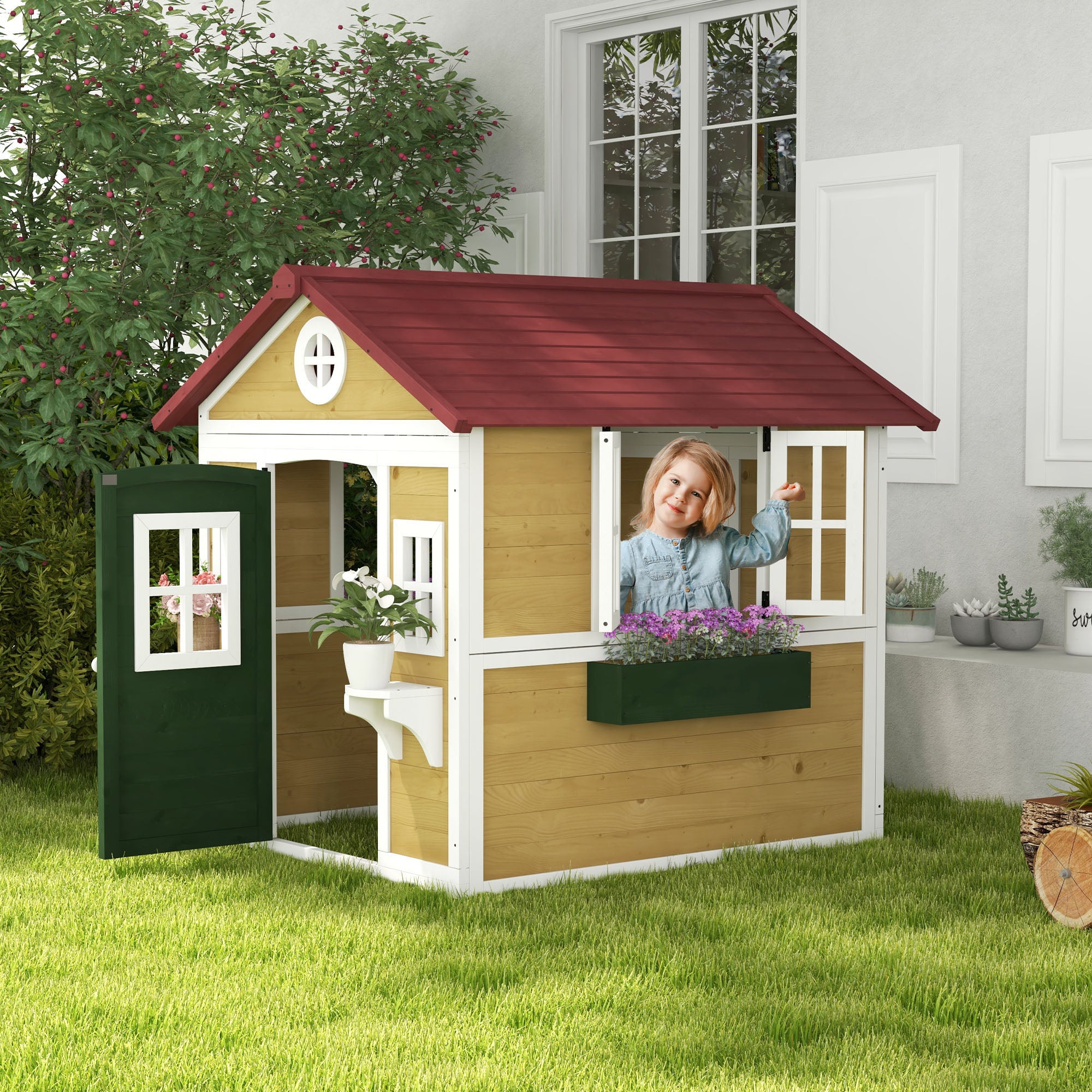 Outsunny Wooden Playhouse for Kids - Outdoor Playhouse with Door & Windows - Perfect for Backyard, Garden, and Playground Fun