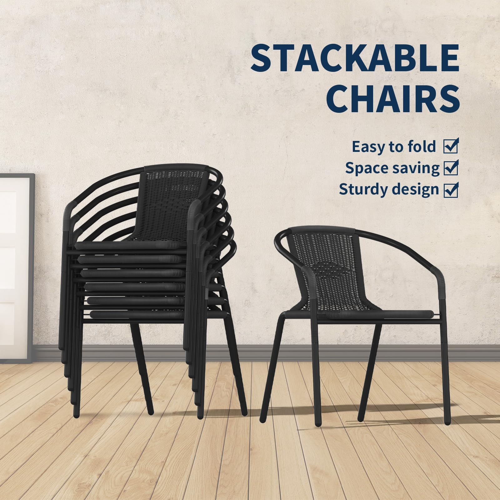 Amopatio 6-Piece Outdoor Dining Chairs Set - Black Rattan Wicker Stackable Patio Chairs for Bistro, Deck, Yard, Porch & Restaurant - Perfect for Outdoor Entertaining, Garden Parties & Al Fresco Dining