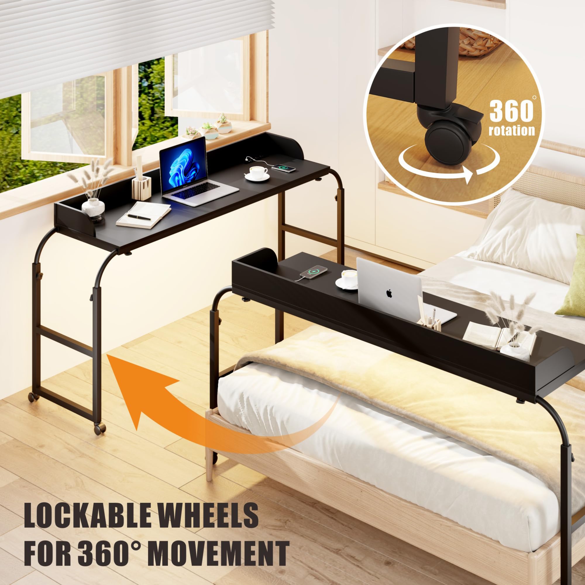 Auto-Sensor LED Over Bed Desk with Wheels - Adjustable Height Rolling Tray Table with Charging Station - Side Table for Laptop, Writing & Living Room Use - Perfect for Home Office, Bedroom & Small Spaces (Black)