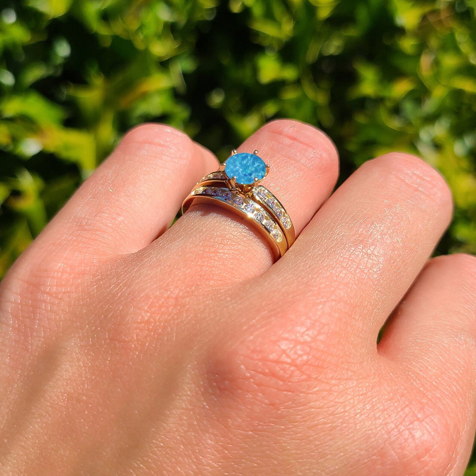 14K Yellow Gold Two Piece Half Eternity Round Lab Created Blue Opal Cathedral Ring for Women - Elegant Stackable Wedding Band, Anniversary Gift, Bridal Jewelry for Special Occasions