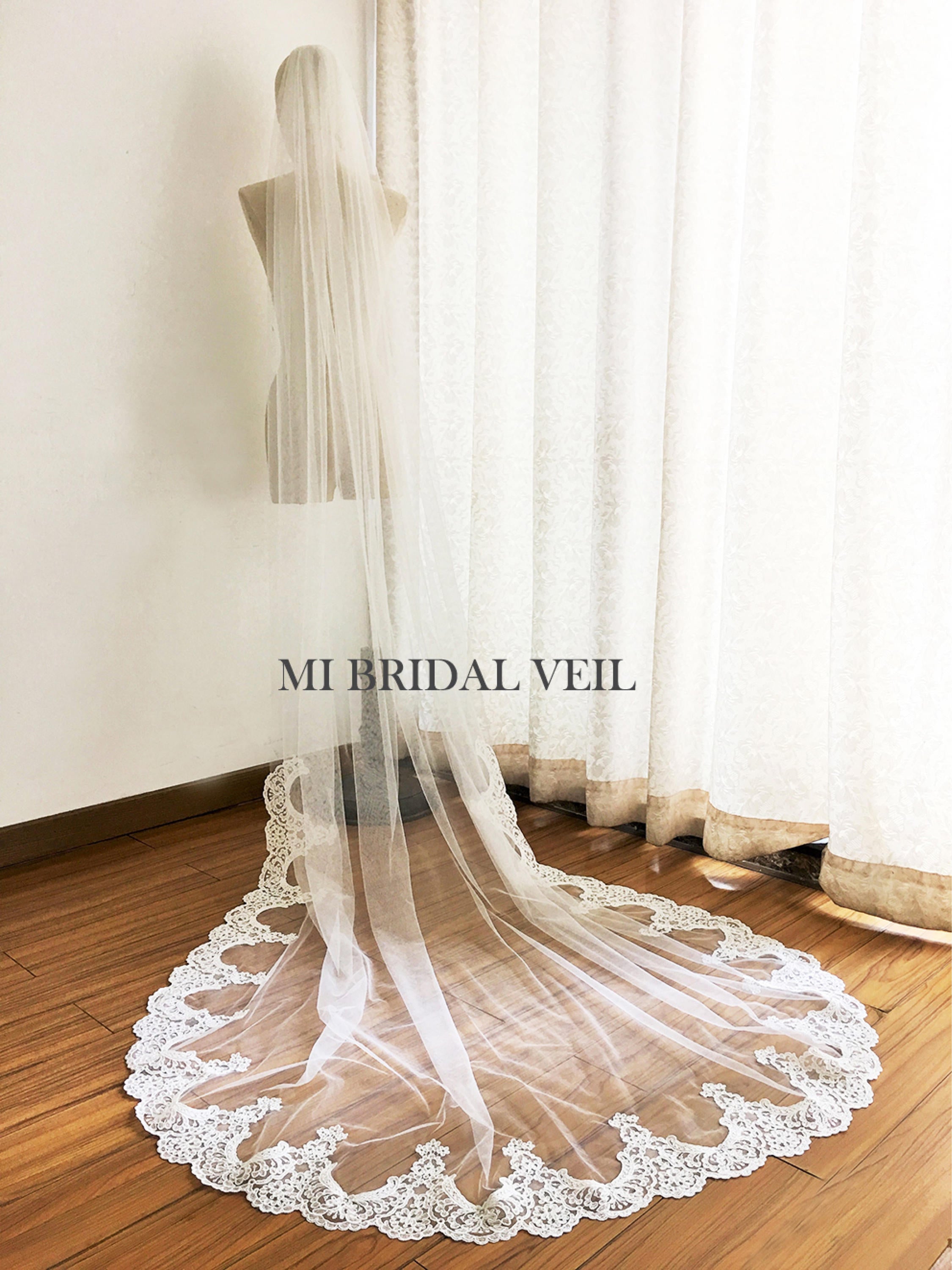 Elegant Cathedral Lace Wedding Veil - Edwardian Inspired Bridal Veil with Delicate Bottom Lace | Perfect for Vintage Weddings, Formal Ceremonies & Bridal Photography