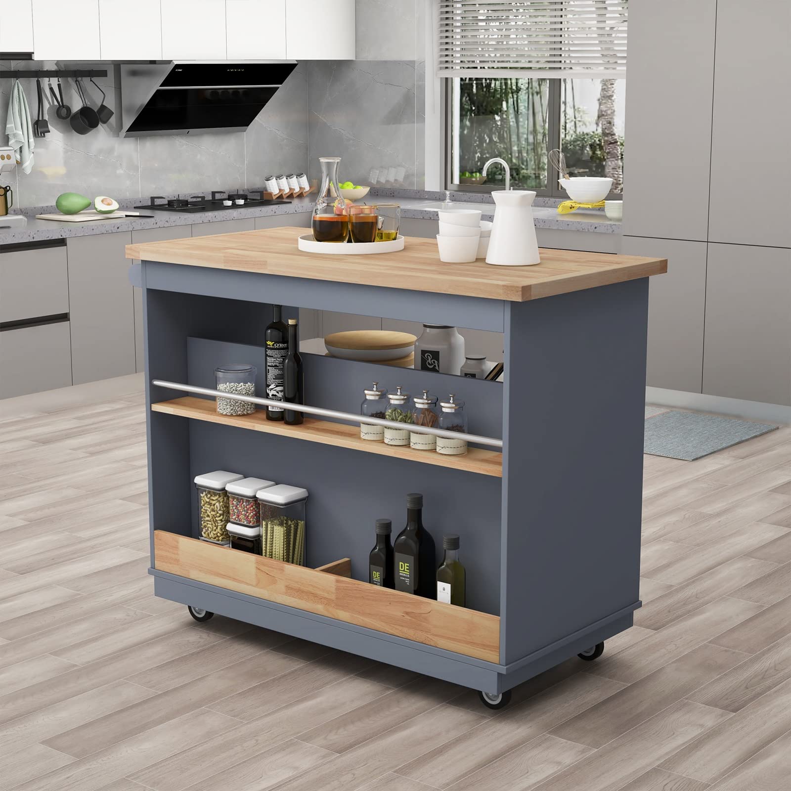 WHNB Rolling Kitchen Cart with Solid Wood Top - Mobile Kitchen Island with 2 Drawers & Storage Shelves - Gray Sideboard for Small Spaces - Perfect for Food Prep, Dining, and Extra Counter Space