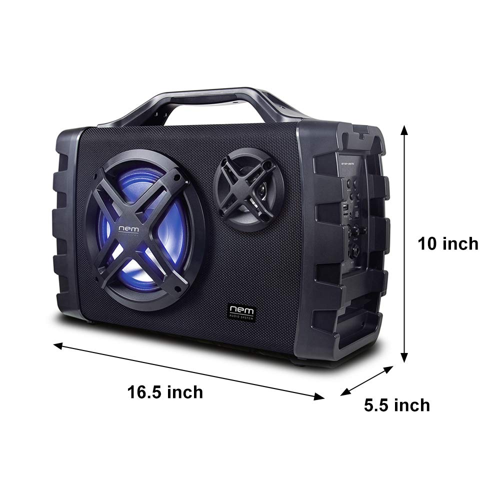 Premium NEM Mobi7e Portable Bluetooth Speaker with Powerful Bass, USB Recording, Rechargeable Battery, AUX/TF Card Input, FM Radio, MP3 Playback, Mic & Guitar Ports, LED Lights (Black) - Perfect for Outdoor Parties, Travel, Home Entertainment & Karaoke Nights