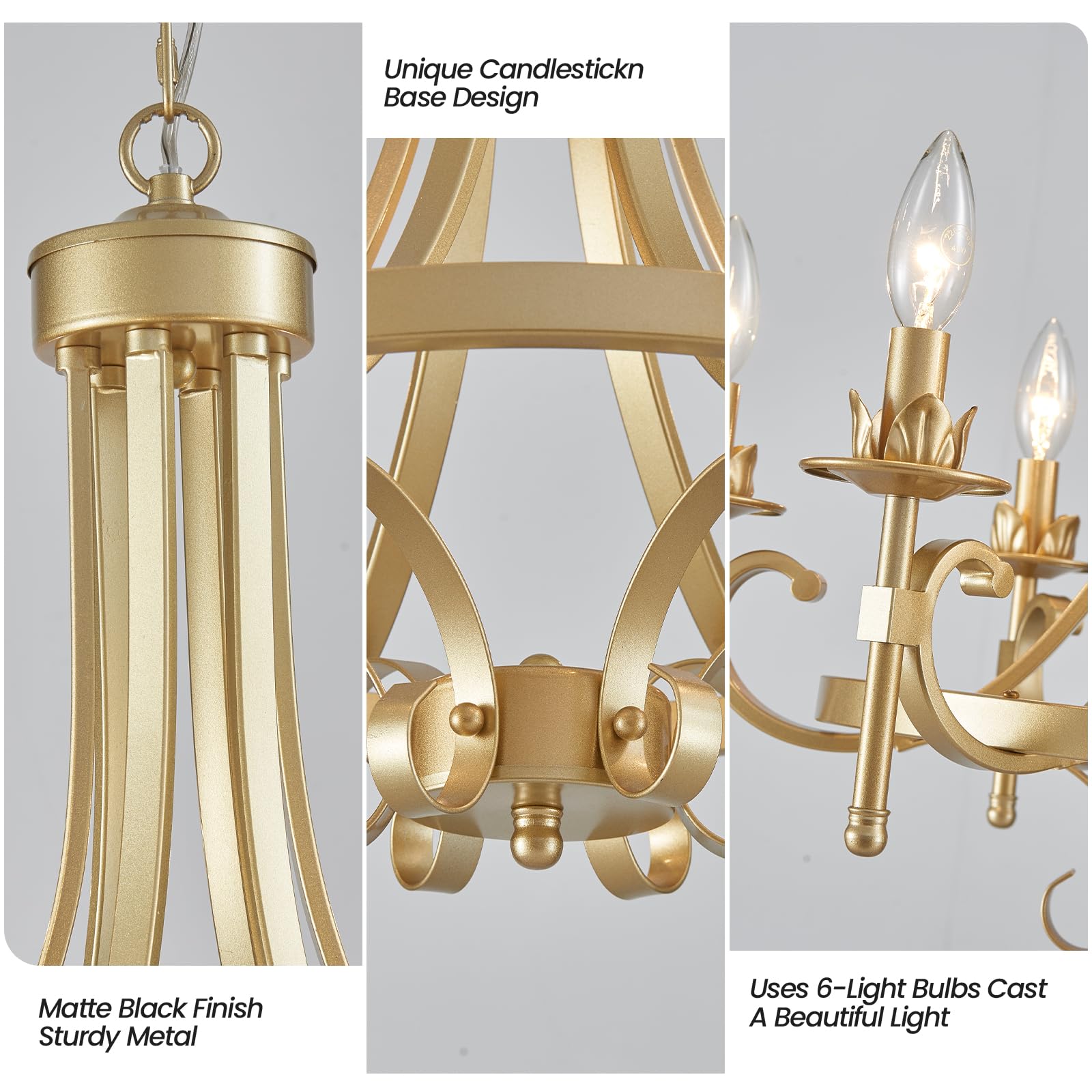 6-Light Modern Gold Farmhouse Chandelier - Rustic Iron Metal Pendant Lighting Fixture for Dining Room, Bedroom, Living Room, Kitchen & Foyer | Elegant Ceiling Light for Home Decor, Wedding & Restaurant Ambiance