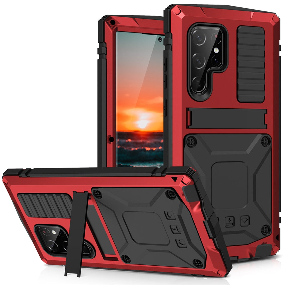 Samsung Galaxy S22 Ultra Aluminum Metal Case with Kickstand - Shockproof Gorilla Glass Protection for Work, Travel & Outdoor Activities