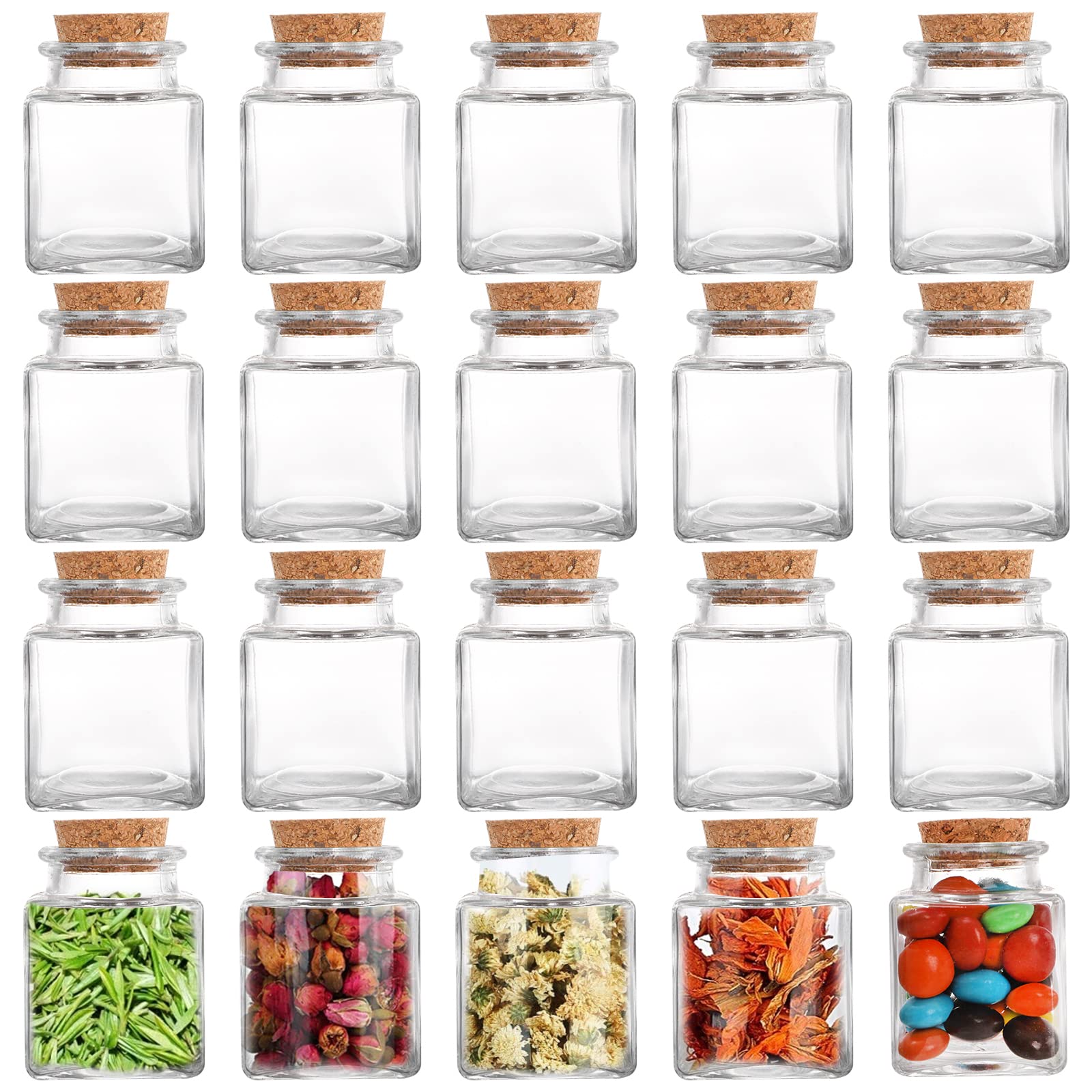20 PCS 2 OZ Glass Favor Jars with Cork Lids - Mini Square Vials for Herb Storage, Spices, Tea, Candy & DIY Crafts - Perfect for Wedding Favors, Party Gifts & Potion Making