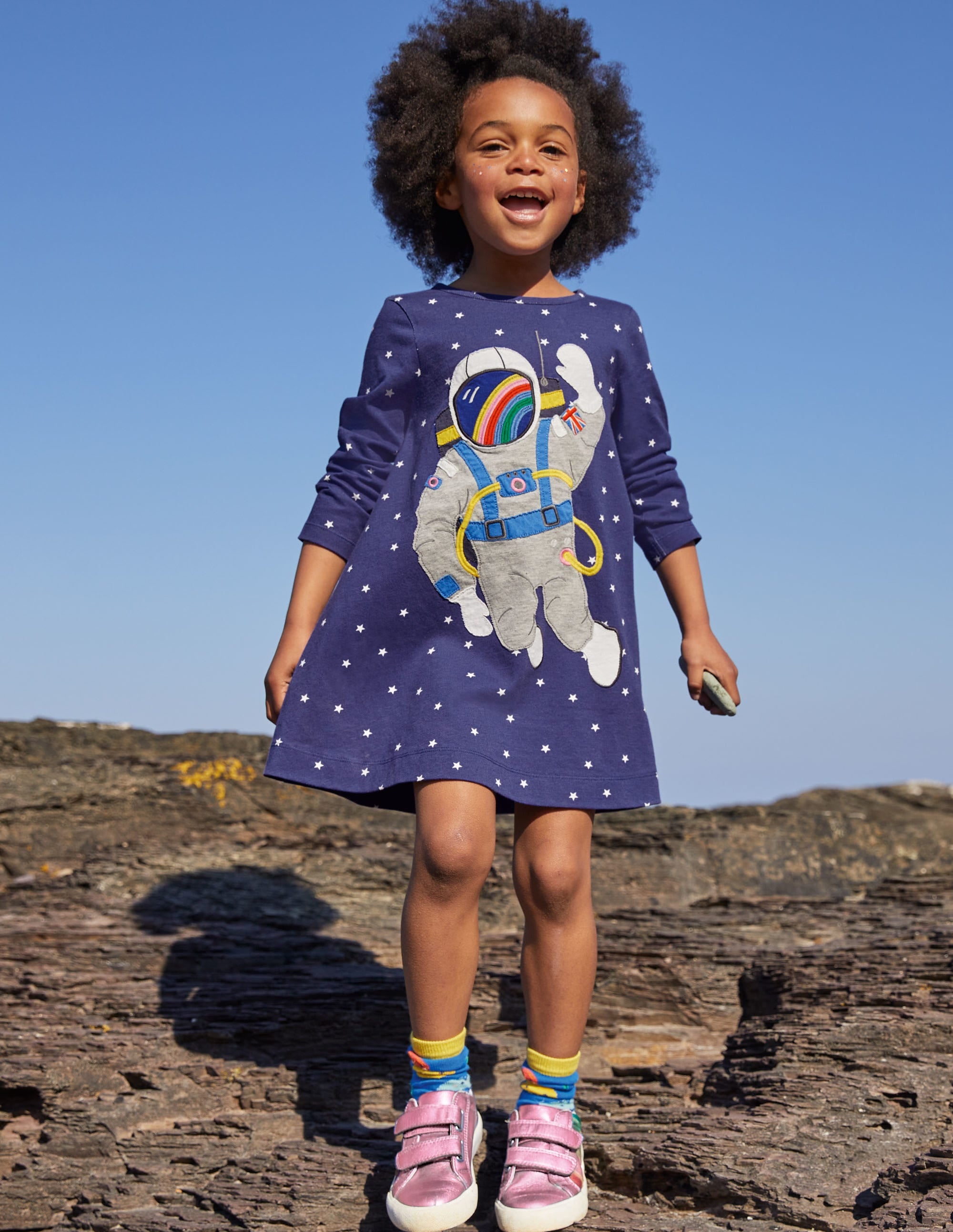 Big Appliqué Jersey Dress in Starboard Blue with Space Scene Design - Perfect for Casual Wear, Parties, and Cosplay Events