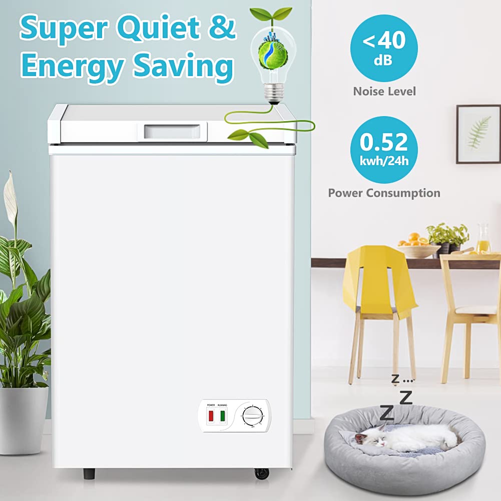 LifePlus 3.5 Cubic Feet Compact Chest Freezer - Energy Efficient & Ultra Quiet Deep Freezer with Removable Basket, Wheels for Easy Mobility - Perfect for Storing Meat, Breast Milk, Frozen Foods in Home, Garage or Basement