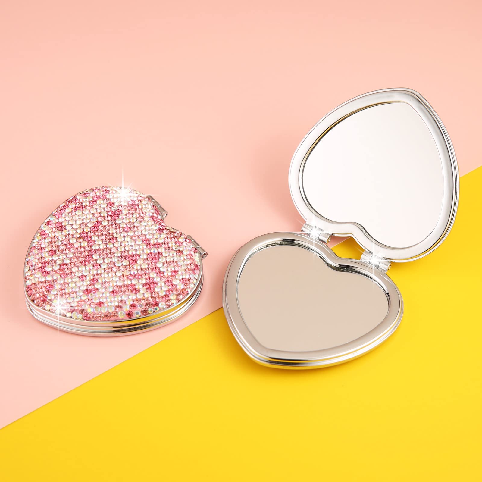 AsAlways Rhinestone Compact Pocket Mirror - Portable Travel Cosmetic Mirror, Folding Handheld Double-Sided 1x/2x Magnifying Purse Mirror for Makeup (Pink) | Perfect for Travel, Home & Office Use