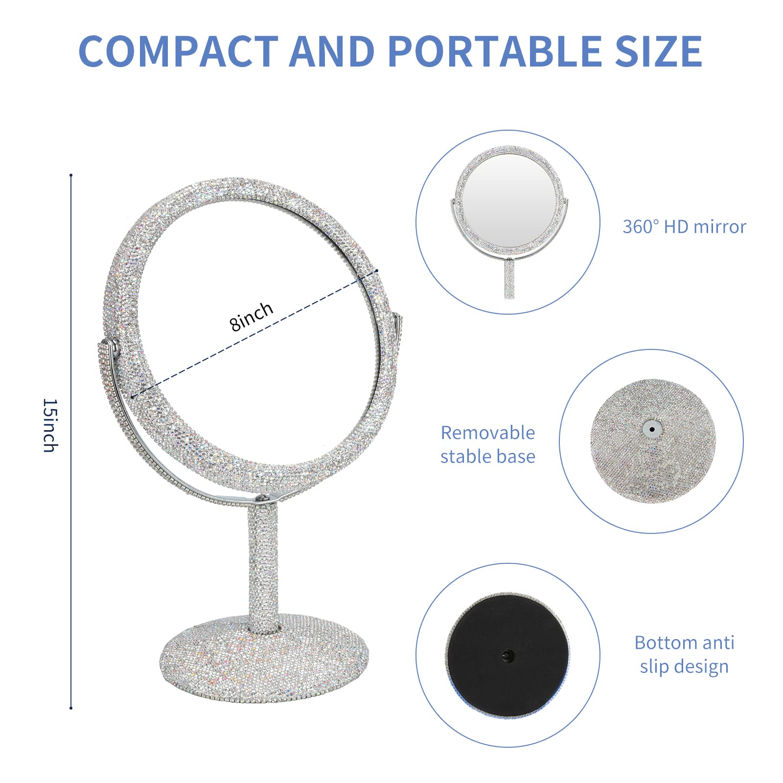 KEYPOWER Bling Rhinestone Vanity Mirror - Round Double-Sided Cosmetic Mirror with Stand, Glitter Movable Desk & Tabletop Mirror for Bathroom, Bedroom, Makeup Station (White) - Perfect for Makeup Application, Skincare Routine & Home Decor