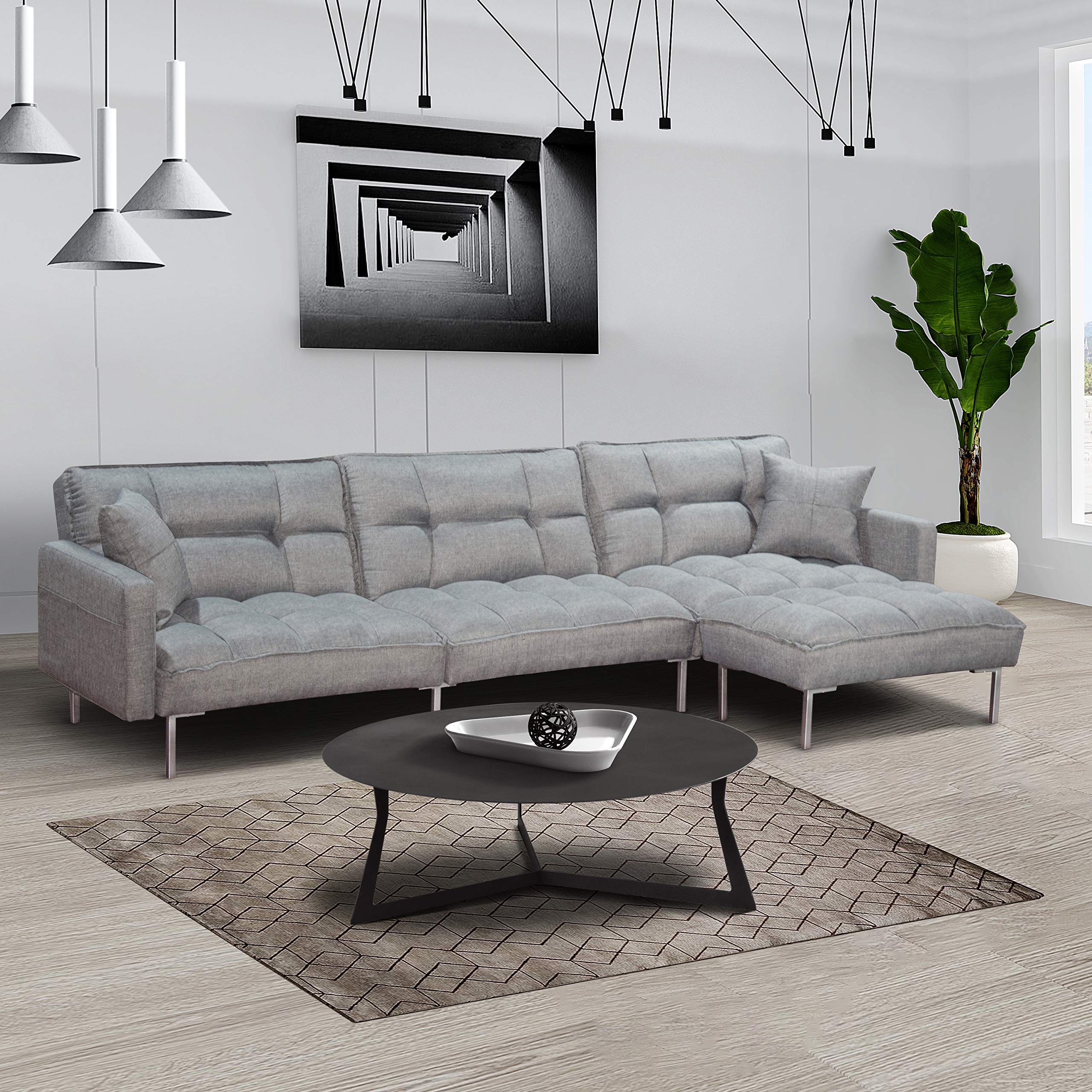 Convertible Sleeper Sectional Sofa Bed with Reversible Chaise - L-Shaped 3-Seater Recliner Sofa with Adjustable Backrest - Modern Futon Couch for Living Room, Home Office & Small Spaces - Fast USA Shipping