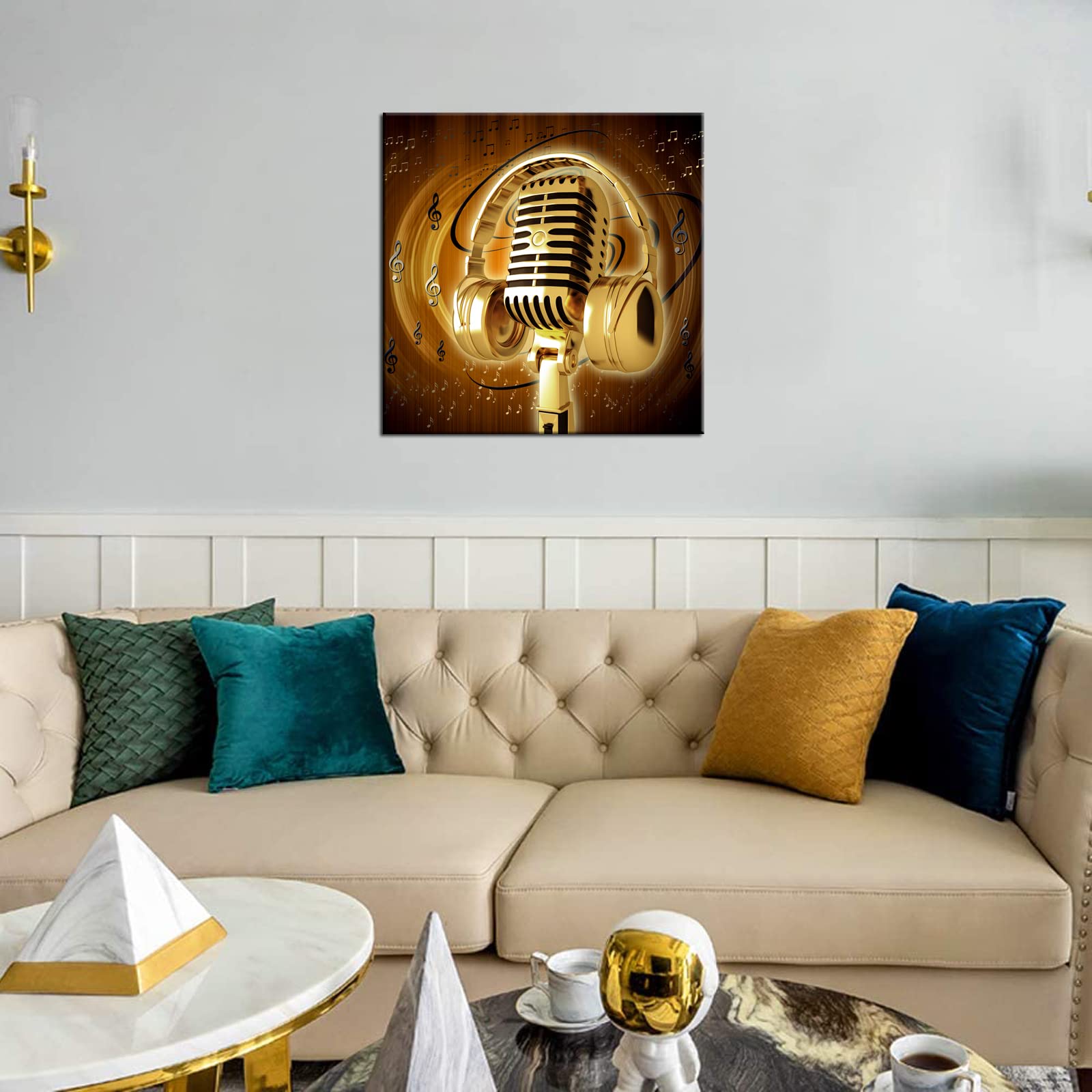 Gold Metal Microphone & Headset Music Wall Art - 24x24 Inch Canvas Print with Musical Notes, Stretched & Framed Ready to Hang - Perfect for Home Studio, Living Room & Office Decor - Modern Music Lover Gift Idea