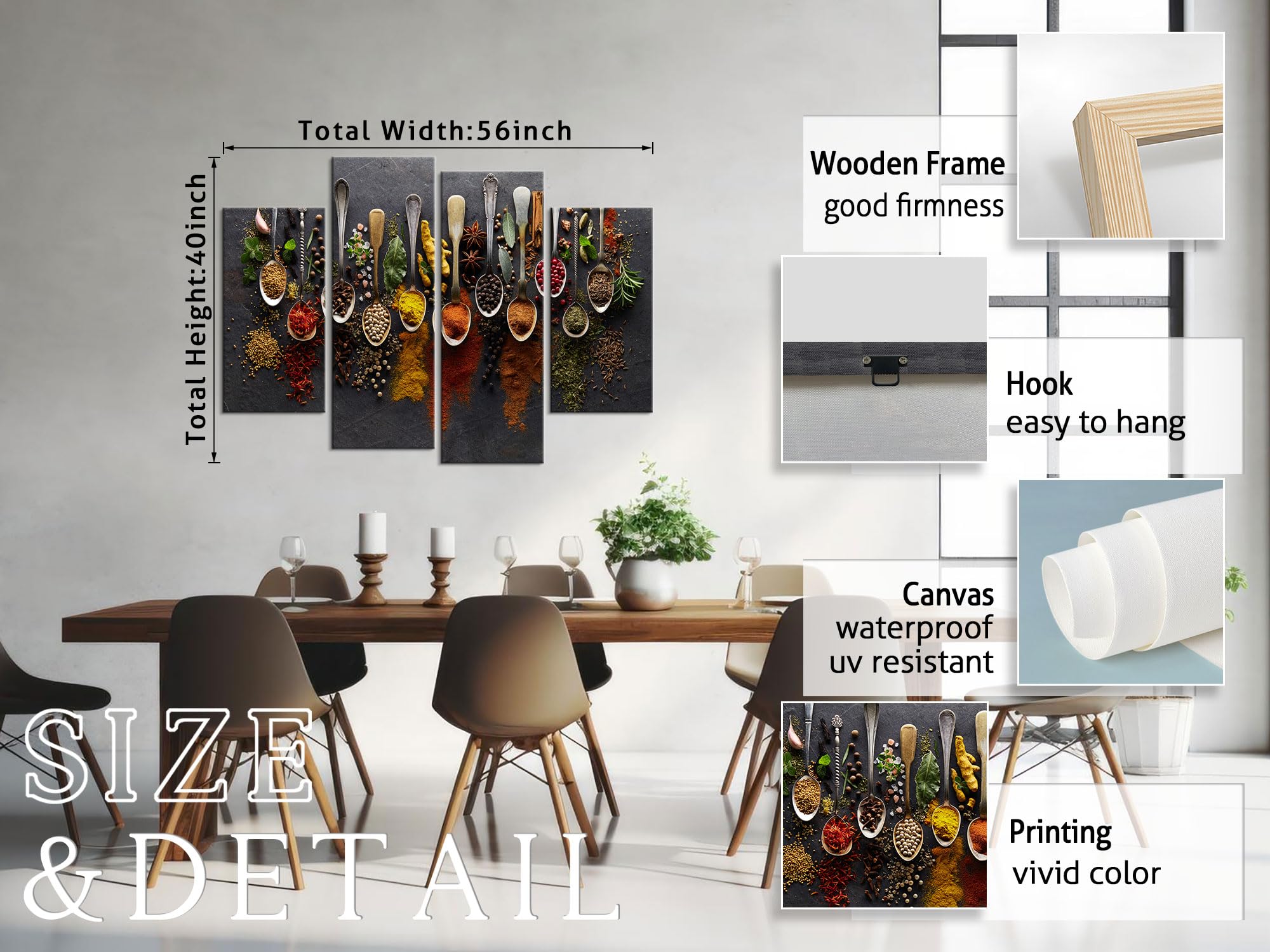 YOUHONG 4-Piece Kitchen Wall Art Set - Spice & Food Themed Wall Decor for Dining Room & Kitchen - 56''W x 40''H - Perfect for Farmhouse, Modern & Rustic Home Decor - Ideal for Kitchen Backsplash, Dining Area & Living Room Accent Wall
