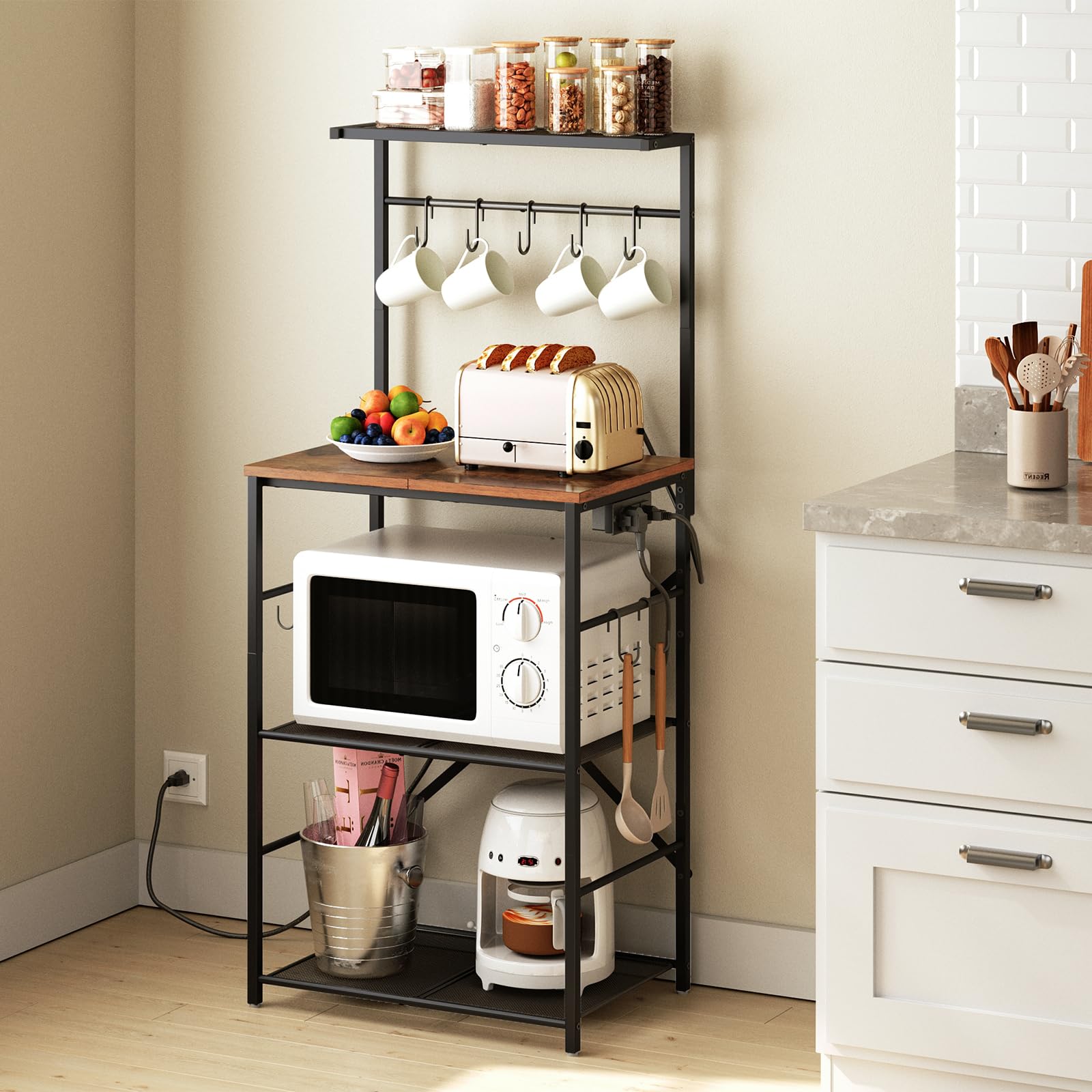 HOOBRO 4-Tier Kitchen Bakers Rack with Power Outlet & Storage Shelf - Microwave Stand, Coffee Bar Table with 9 S-Hooks - Rustic Brown & Black BF58UHB01 - Perfect for Small Kitchens, Pantry Organization & Coffee Station Setup