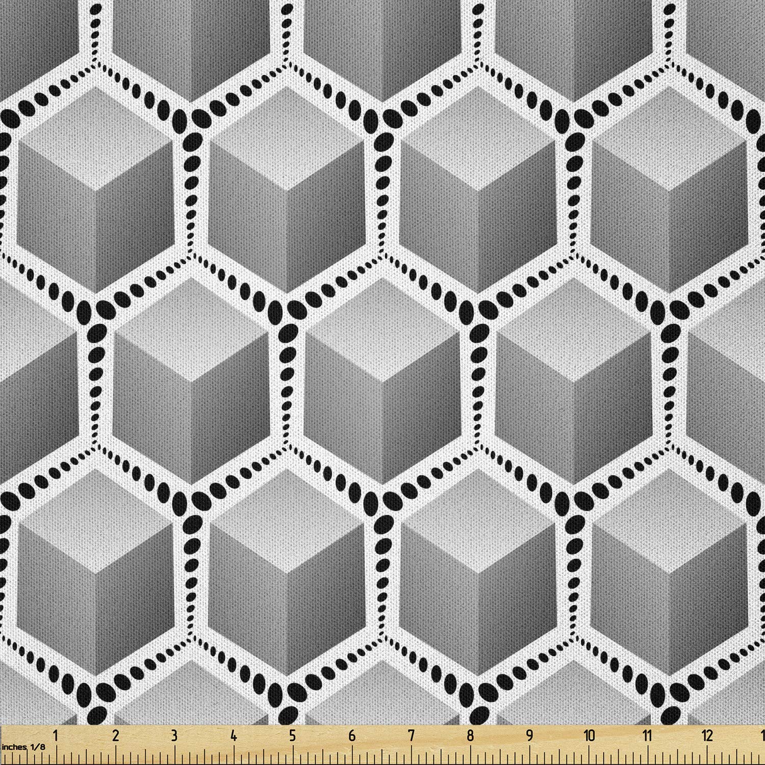 Lunarable Grey Abstract Fabric by The Yard - 3D Geometric Cubes Pattern with Black Dots, Soft Microfiber Material for DIY Arts & Crafts, Home Decor, Upholstery (10 Yards, White & Black) - Perfect for Sewing Projects, Curtains, Pillow Covers & Wall Hangings