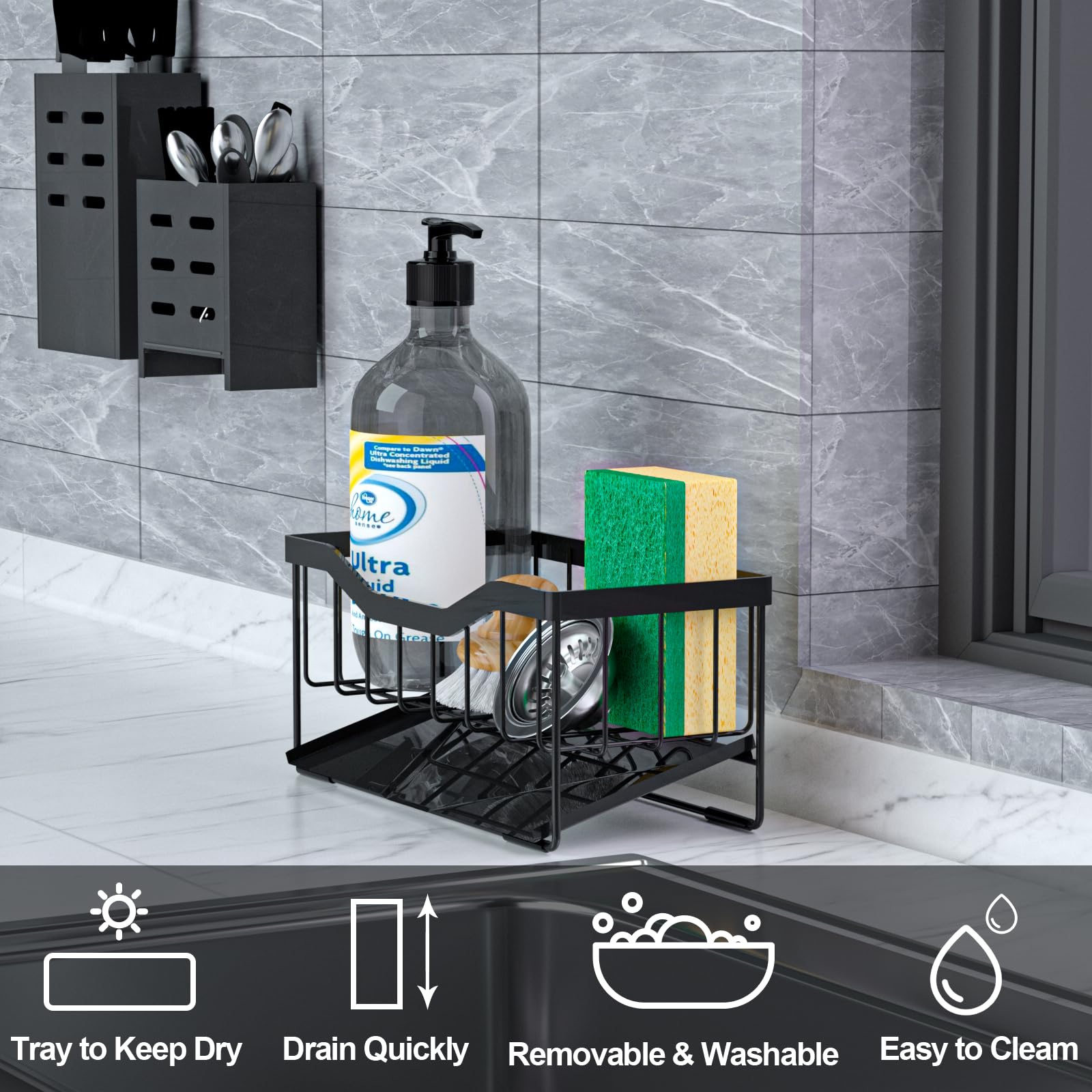 Self-Draining Sponge Holder for Kitchen Sink - Auto Drain Tray, Sink Caddy Organizer, Dish Soap Sponge Caddy for Counter - Perfect for Kitchen, Bathroom & Utility Sink Organization