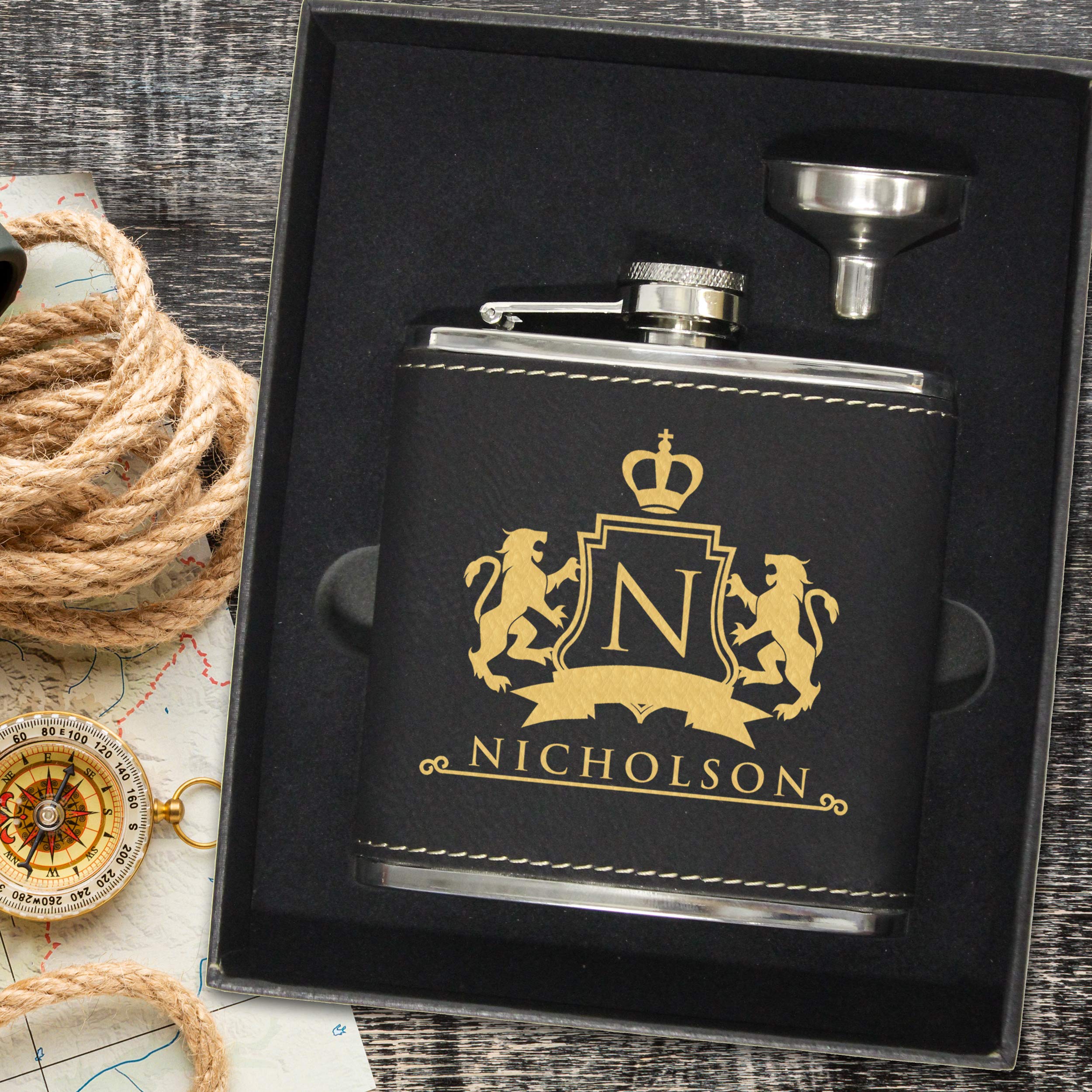 Premium Personalized Flask Gift Set with Funnel & Storage Box - Custom Engraved Name (Elegant Black with Gold Lettering) - Perfect for Weddings, Anniversaries & Corporate Gifts