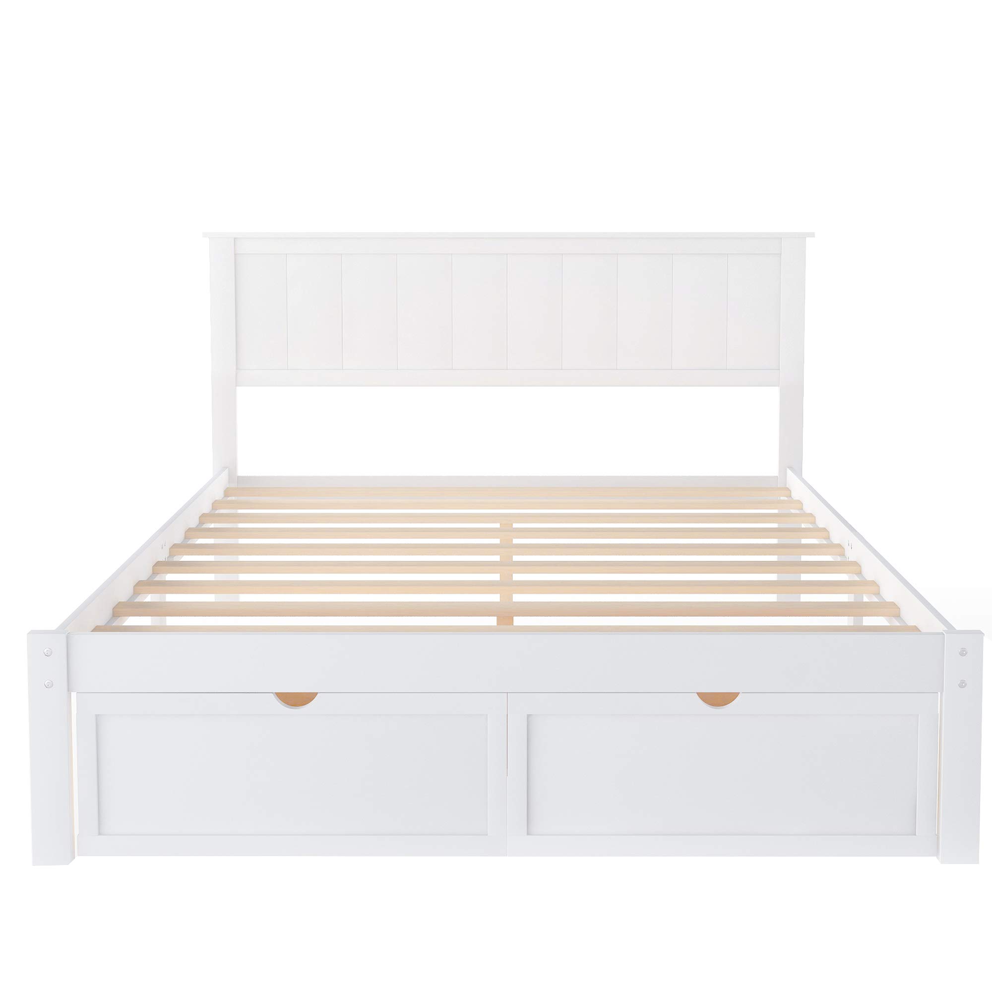 Rhomtree Wood Bed Frame with Storage Drawers - Platform Bed for Small Spaces, Easy Assembly (White, Full) - Perfect for Apartments & Guest Rooms
