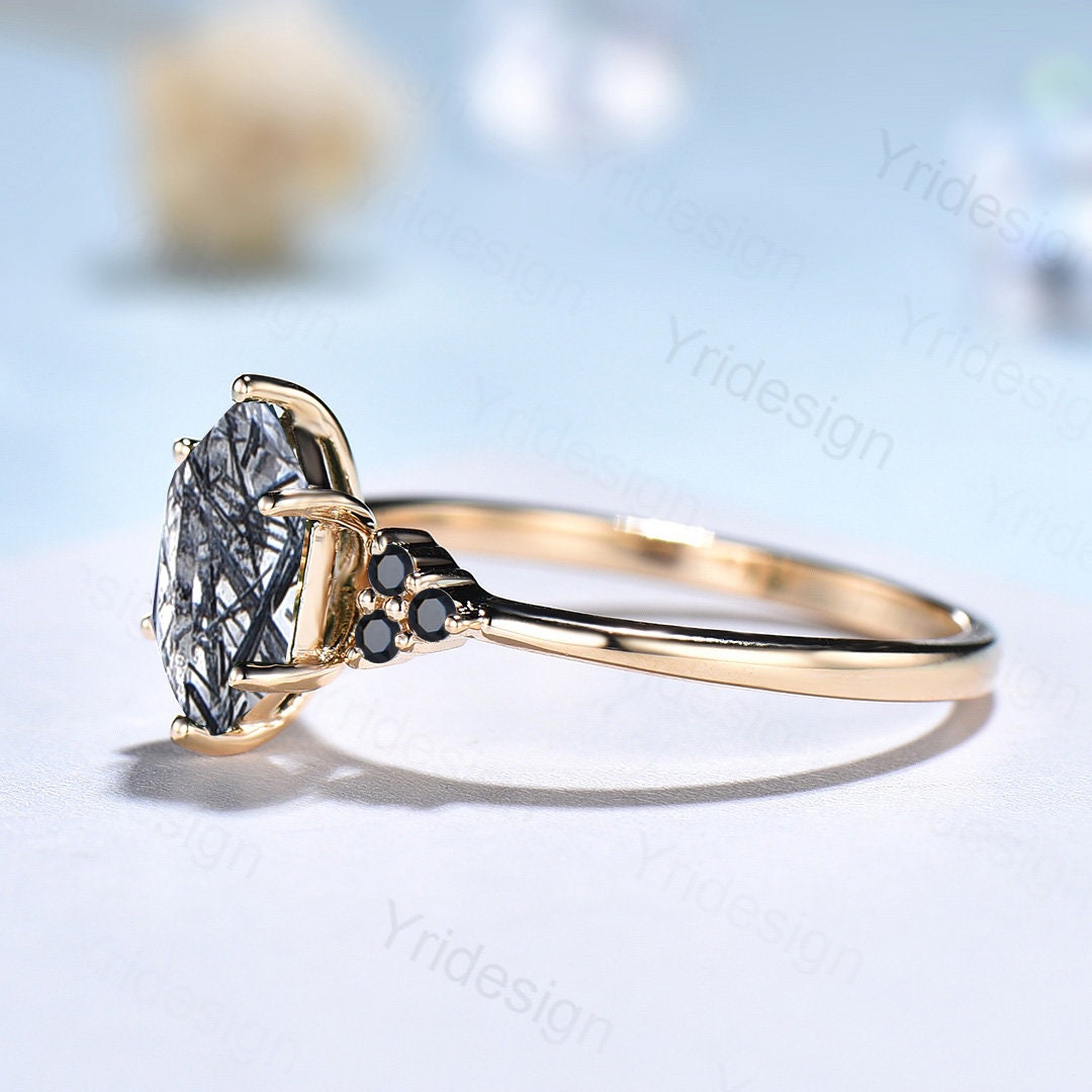 Natural Black Rutilated Quartz Ring for Women - Vintage Hexagon Black Rutile Quartz Engagement Wedding Band - Unique Black Gemstone Bridal Jewelry - Perfect for Proposals, Anniversaries & Special Occasions