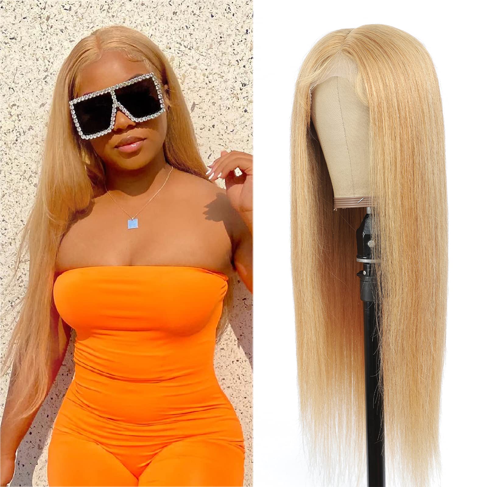 Honey Blonde 13×4 Lace Front Wig Brazilian Straight Human Hair - Pre Plucked with Baby Hair for Black Women | 20 Inch T-Part Lace Wig | Perfect for Daily Wear, Parties & Special Occasions