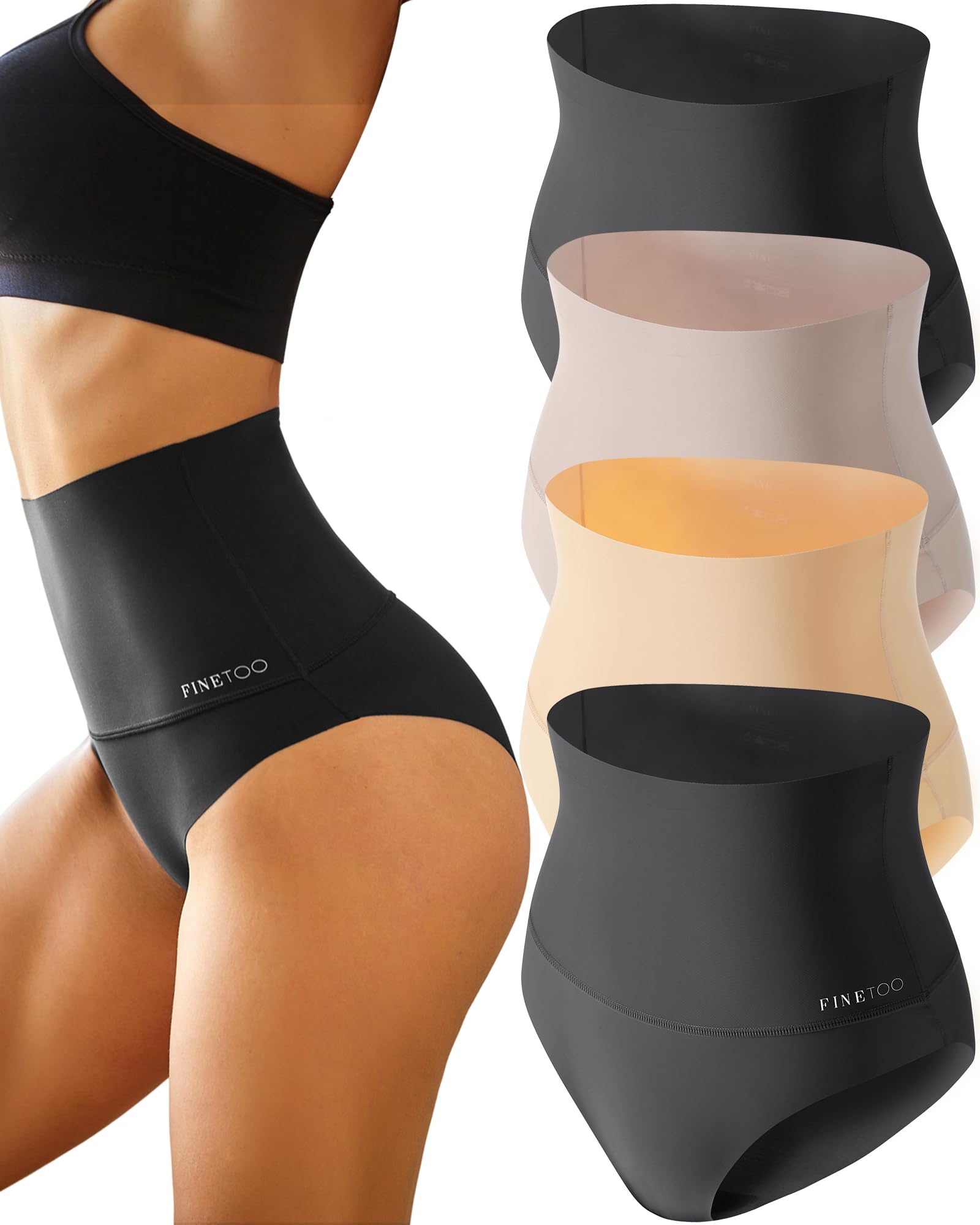 FINETOO High Waisted Tummy Control Underwear for Women - Seamless No Show Nylon Panties 4 Pack (S-XXXL) - Comfortable Shapewear for Everyday Wear, Yoga & Workout