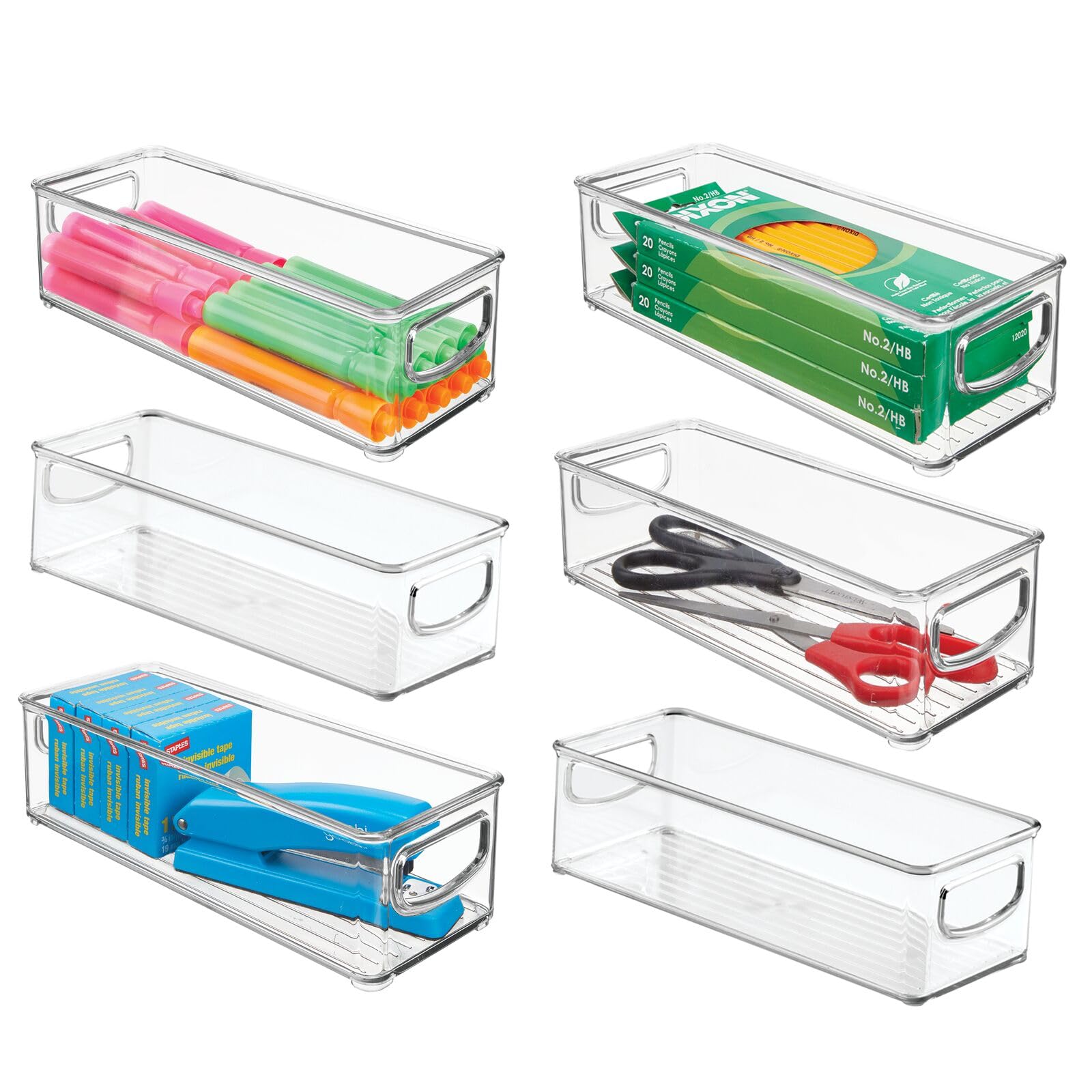 mDesign Small Plastic Storage Bins with Handles - 6 Pack Clear Organizer for Office Supplies, Pens, Pencils & Notes | Perfect for Filing Cabinets, Closet Shelves & Desk Drawers | Space-Saving Home & Office Organization Solution