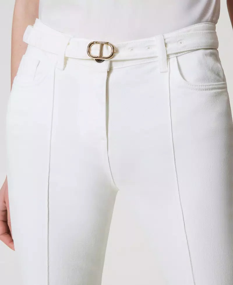 Bull Cropped Trousers - White Denim Women's High Waist Stretch Jeans for Casual Outfits & Summer Fashion
